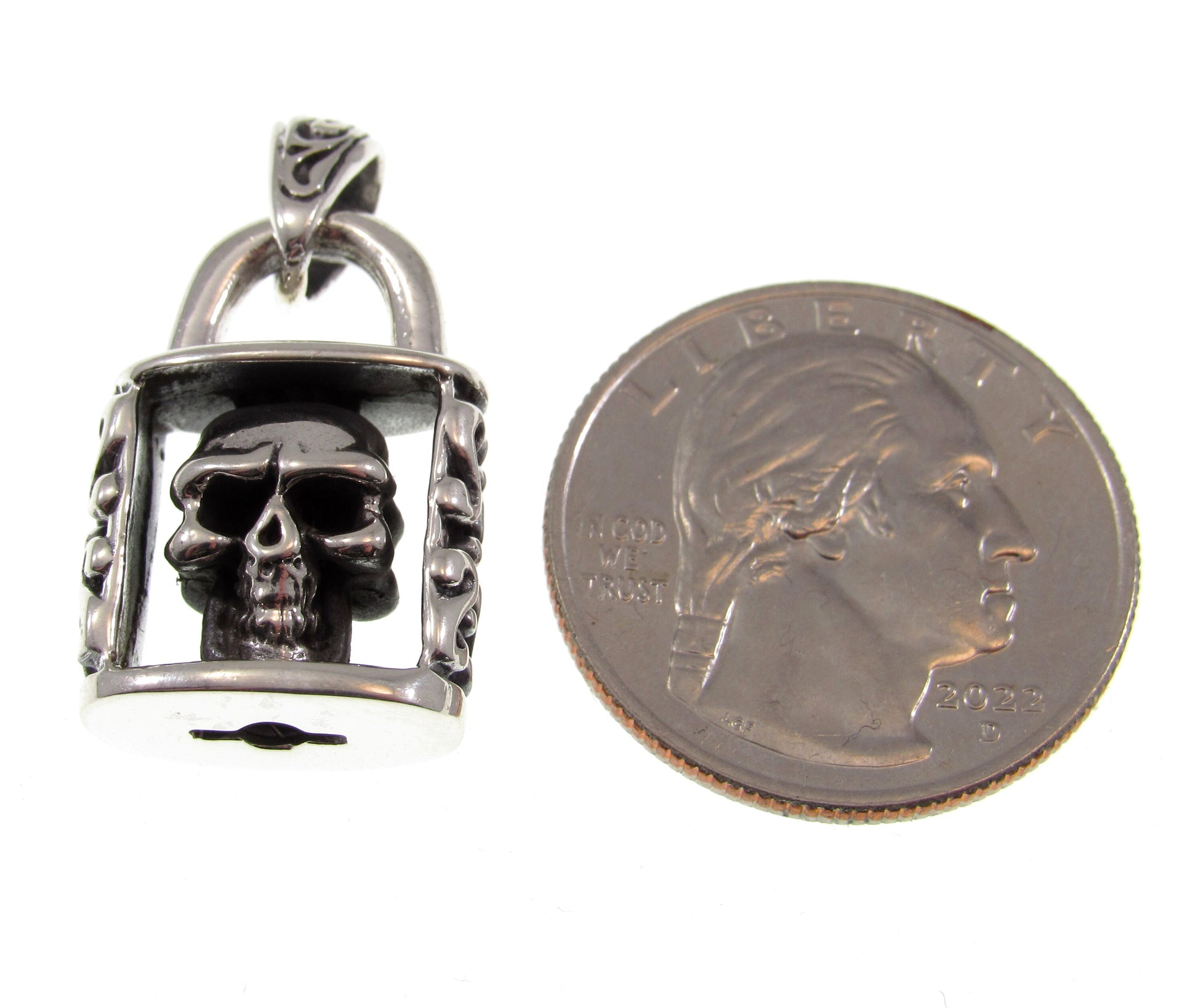 Solid 925 Sterling Silver Skeleton Skull in Padlock Pendant, Handcrafted Gothic Biker Jewelry