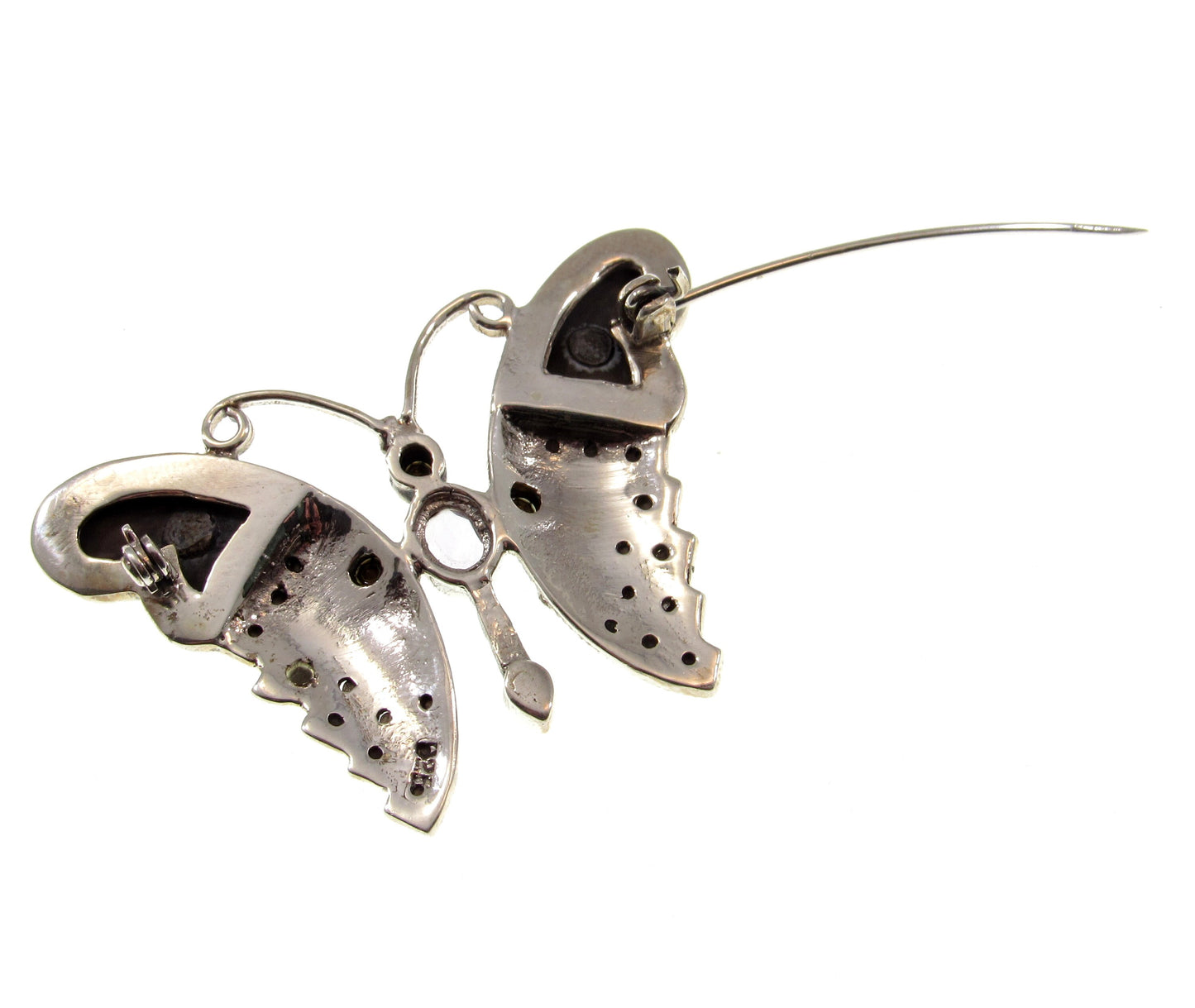 Solid 925 Sterling Silver Colorful Marcasite, Onyx, and Gemstone Butterfly Pin Brooch, Handcrafted Insect Jewelry