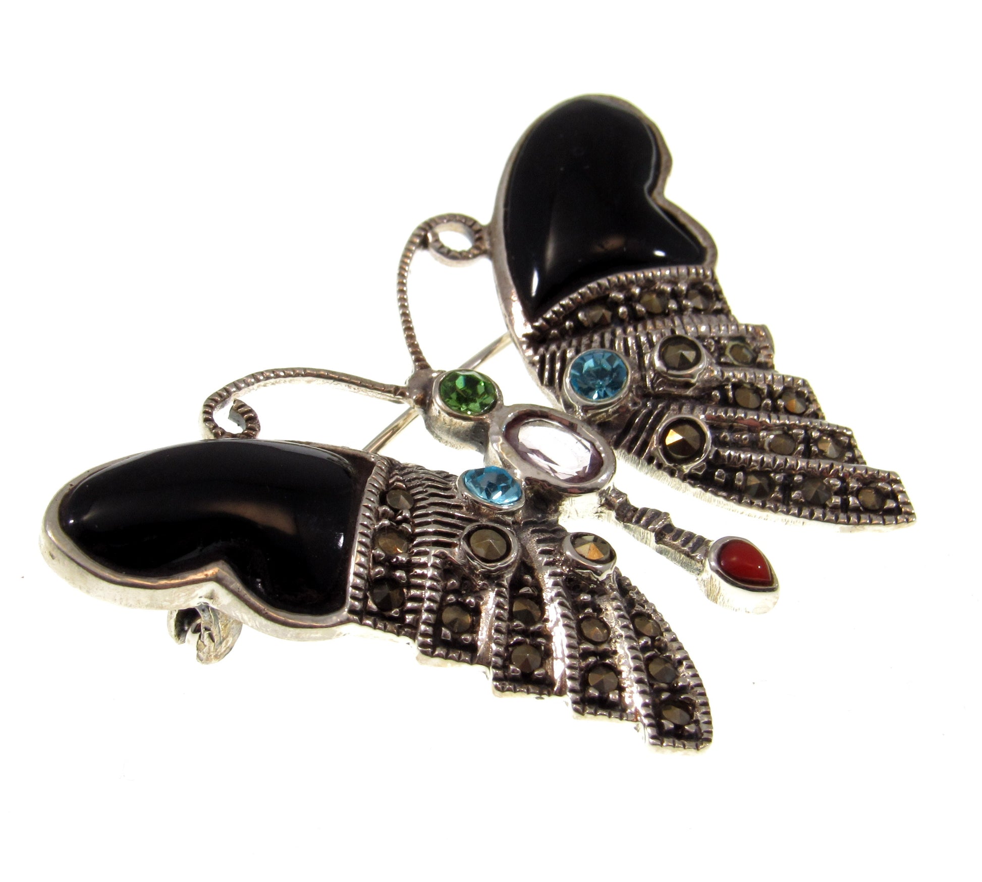 Solid 925 Sterling Silver Colorful Marcasite, Onyx, and Gemstone Butterfly Pin Brooch, Handcrafted Insect Jewelry