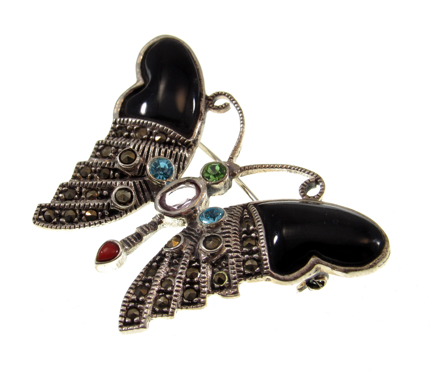 Solid 925 Sterling Silver Colorful Marcasite, Onyx, and Gemstone Butterfly Pin Brooch, Handcrafted Insect Jewelry