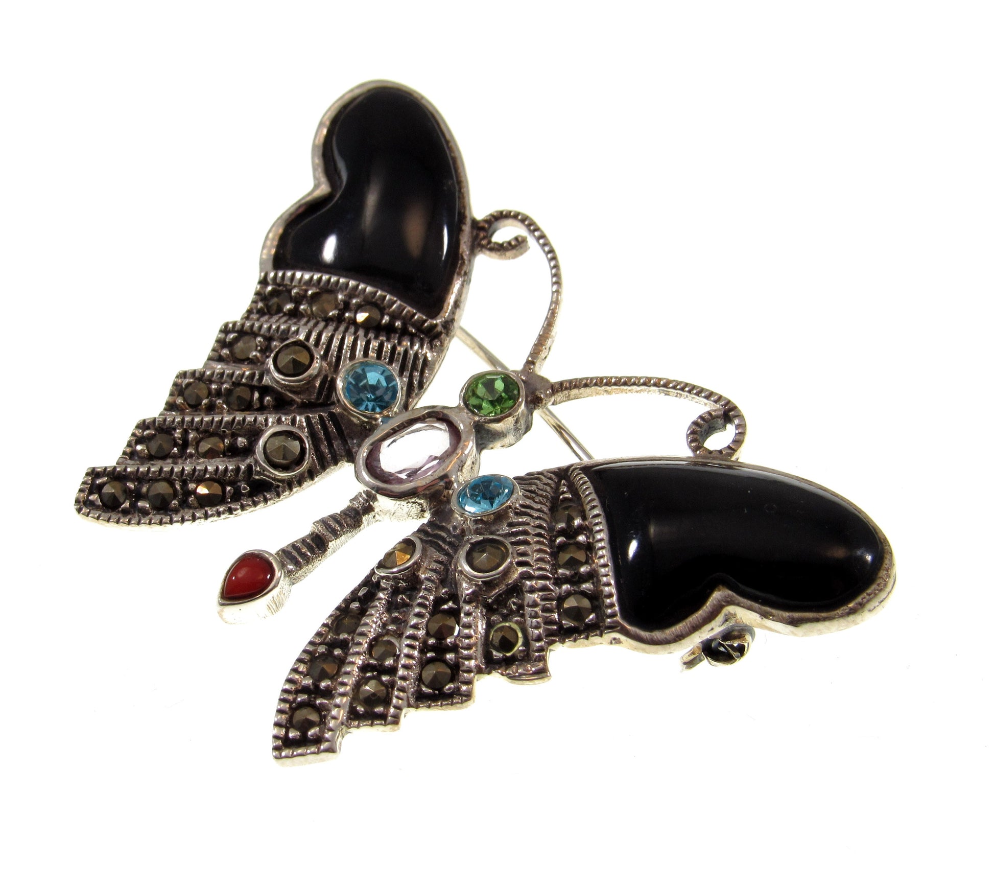 Solid 925 Sterling Silver Colorful Marcasite, Onyx, and Gemstone Butterfly Pin Brooch, Handcrafted Insect Jewelry