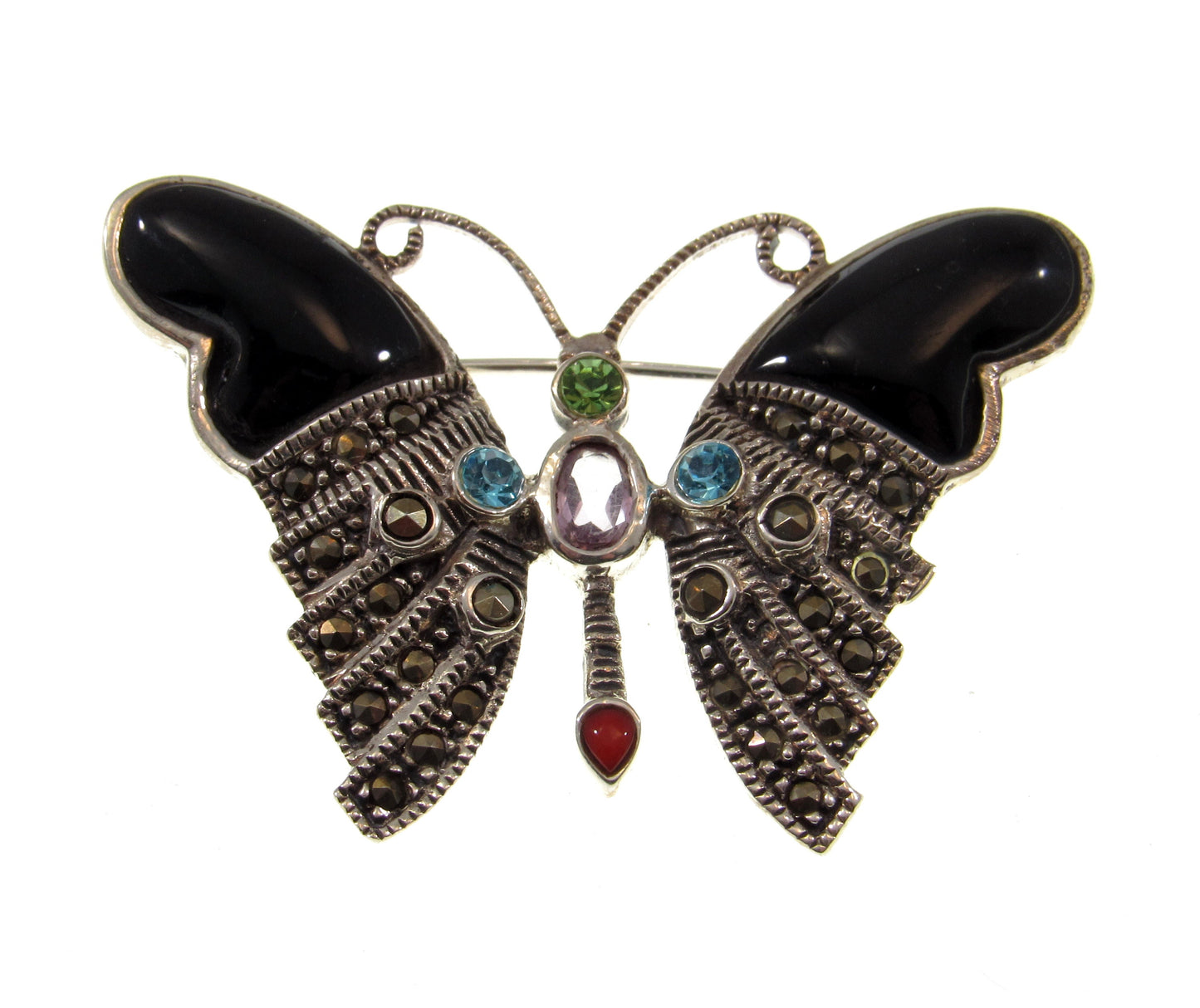 Solid 925 Sterling Silver Colorful Marcasite, Onyx, and Gemstone Butterfly Pin Brooch, Handcrafted Insect Jewelry