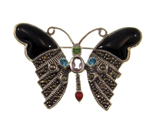 Solid 925 Sterling Silver Colorful Marcasite, Onyx, and Gemstone Butterfly Pin Brooch, Handcrafted Insect Jewelry