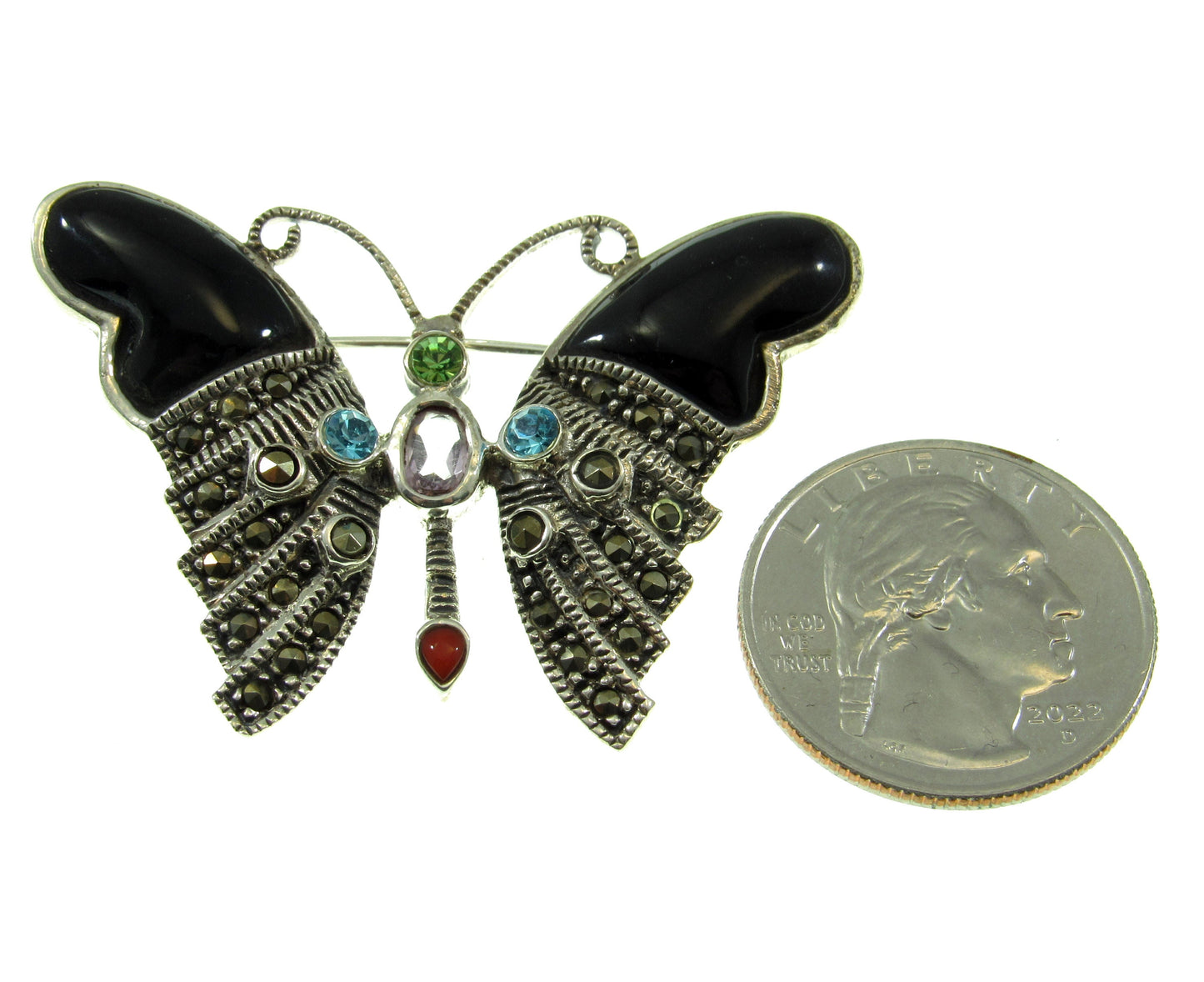 Solid 925 Sterling Silver Colorful Marcasite, Onyx, and Gemstone Butterfly Pin Brooch, Handcrafted Insect Jewelry