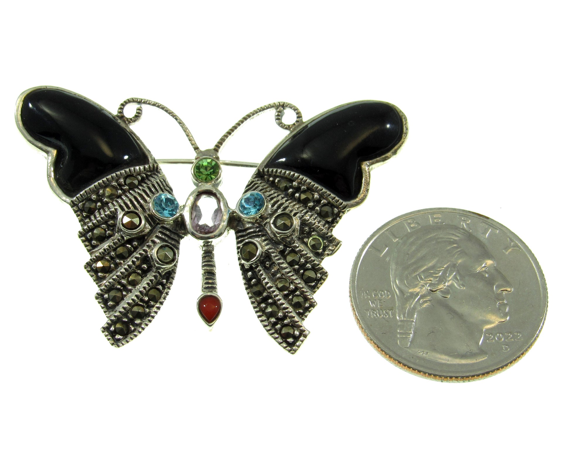 Solid 925 Sterling Silver Colorful Marcasite, Onyx, and Gemstone Butterfly Pin Brooch, Handcrafted Insect Jewelry