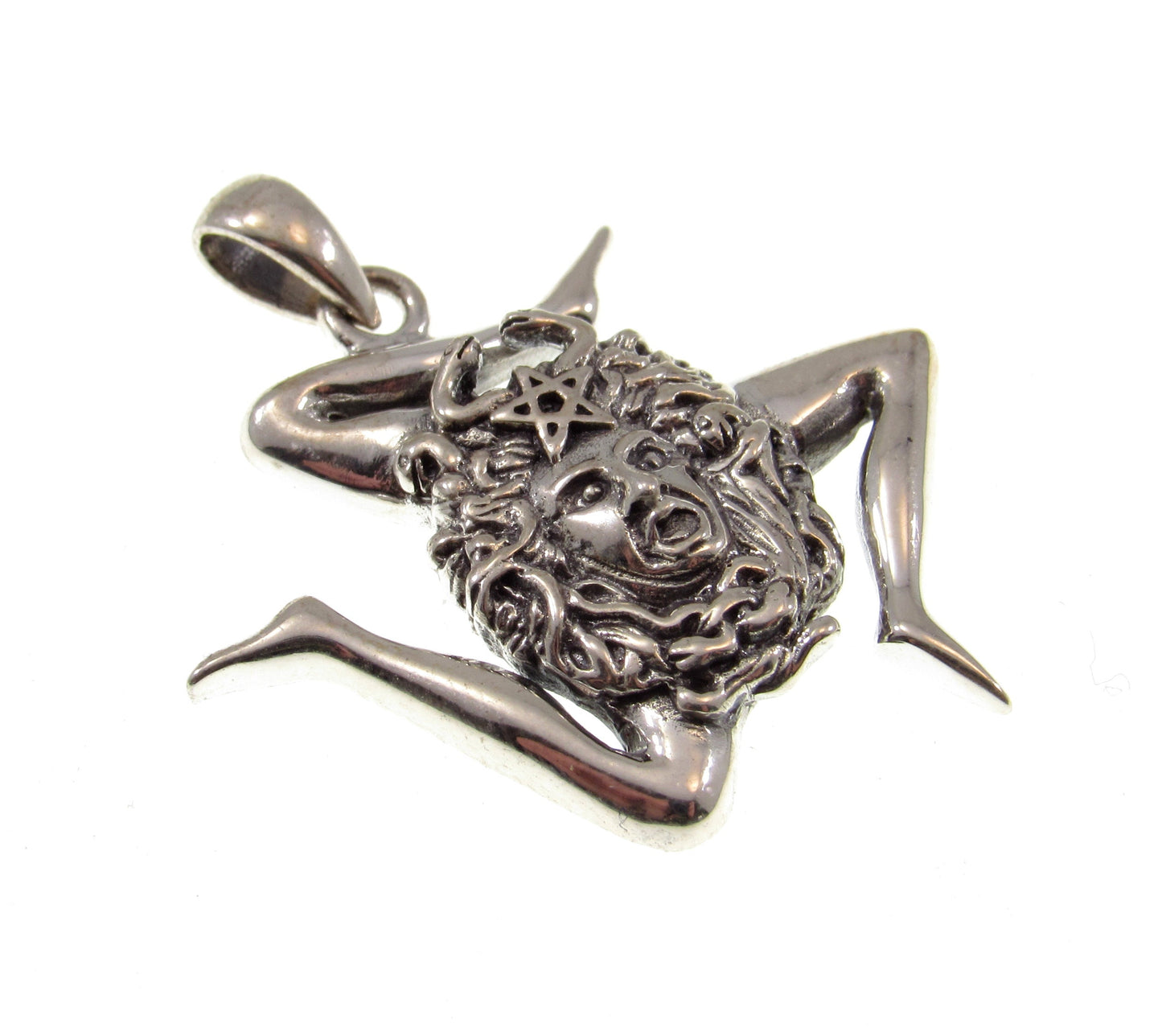 Solid 925 Sterling Silver Medusa / Sicilian Trinacria and Pentacle Star Pendant, Protection Amulet, Witch Talisman