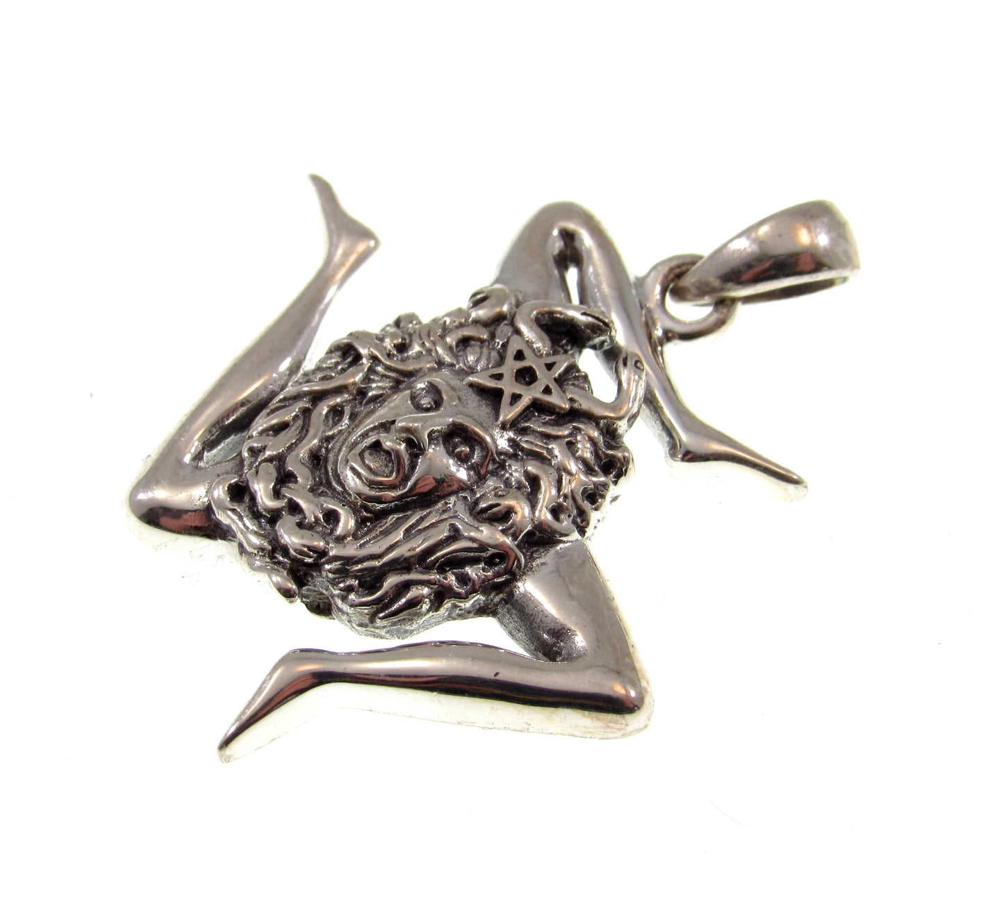 Solid 925 Sterling Silver Medusa / Sicilian Trinacria and Pentacle Star Pendant, Protection Amulet, Witch Talisman