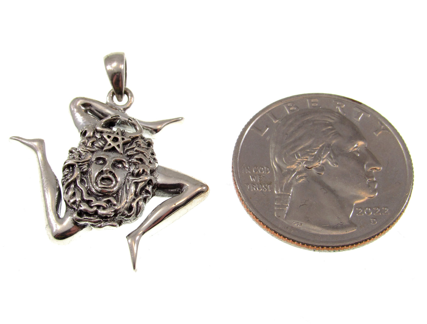 Solid 925 Sterling Silver Medusa / Sicilian Trinacria and Pentacle Star Pendant, Protection Amulet, Witch Talisman