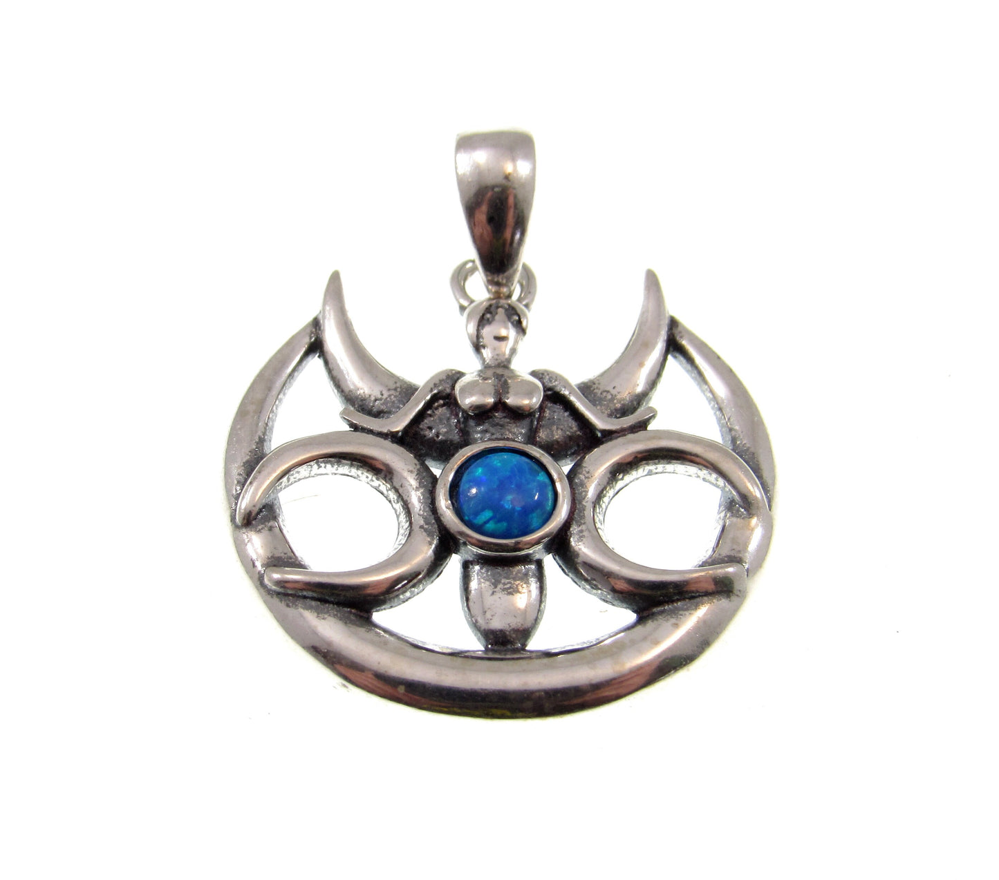 Solid 925 Sterling Silver & Lab-Created Blue Opal Winged Triple Moon Goddess Pendant, Handcrafted Magical Celestial Charm