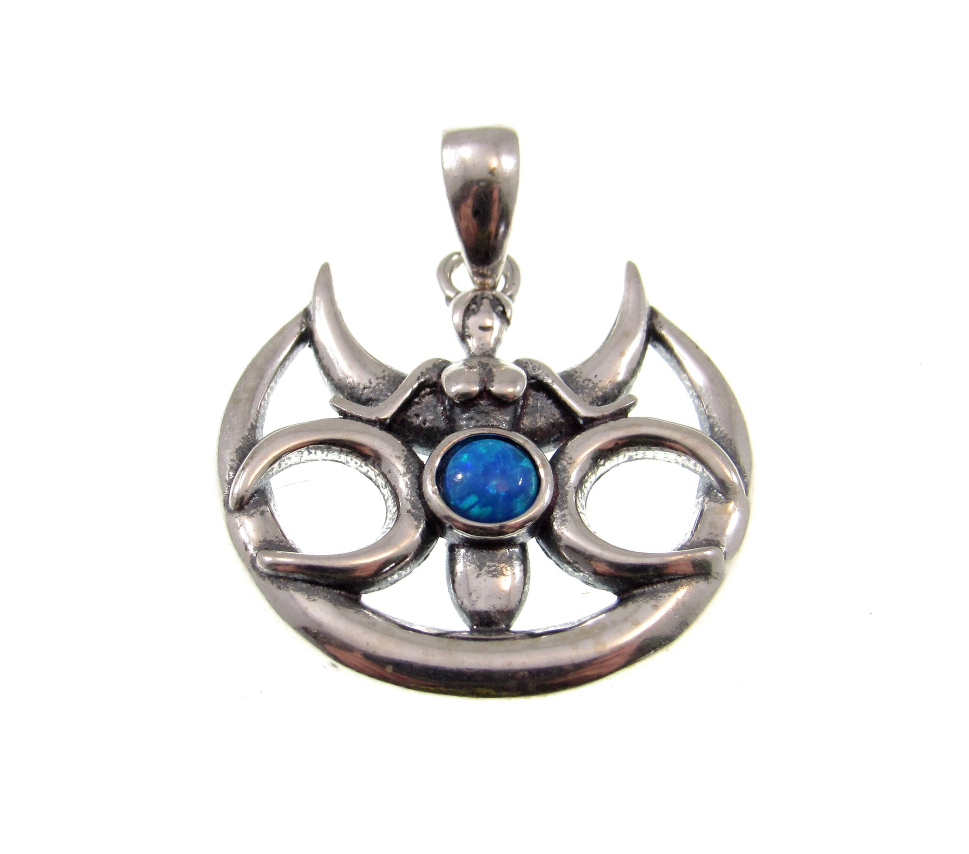 Solid 925 Sterling Silver & Lab-Created Blue Opal Winged Triple Moon Goddess Pendant, Handcrafted Magical Celestial Charm