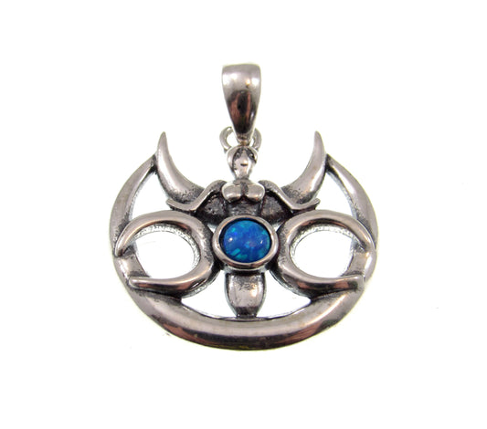 Solid 925 Sterling Silver & Lab-Created Blue Opal Winged Triple Moon Goddess Pendant, Handcrafted Magical Celestial Charm