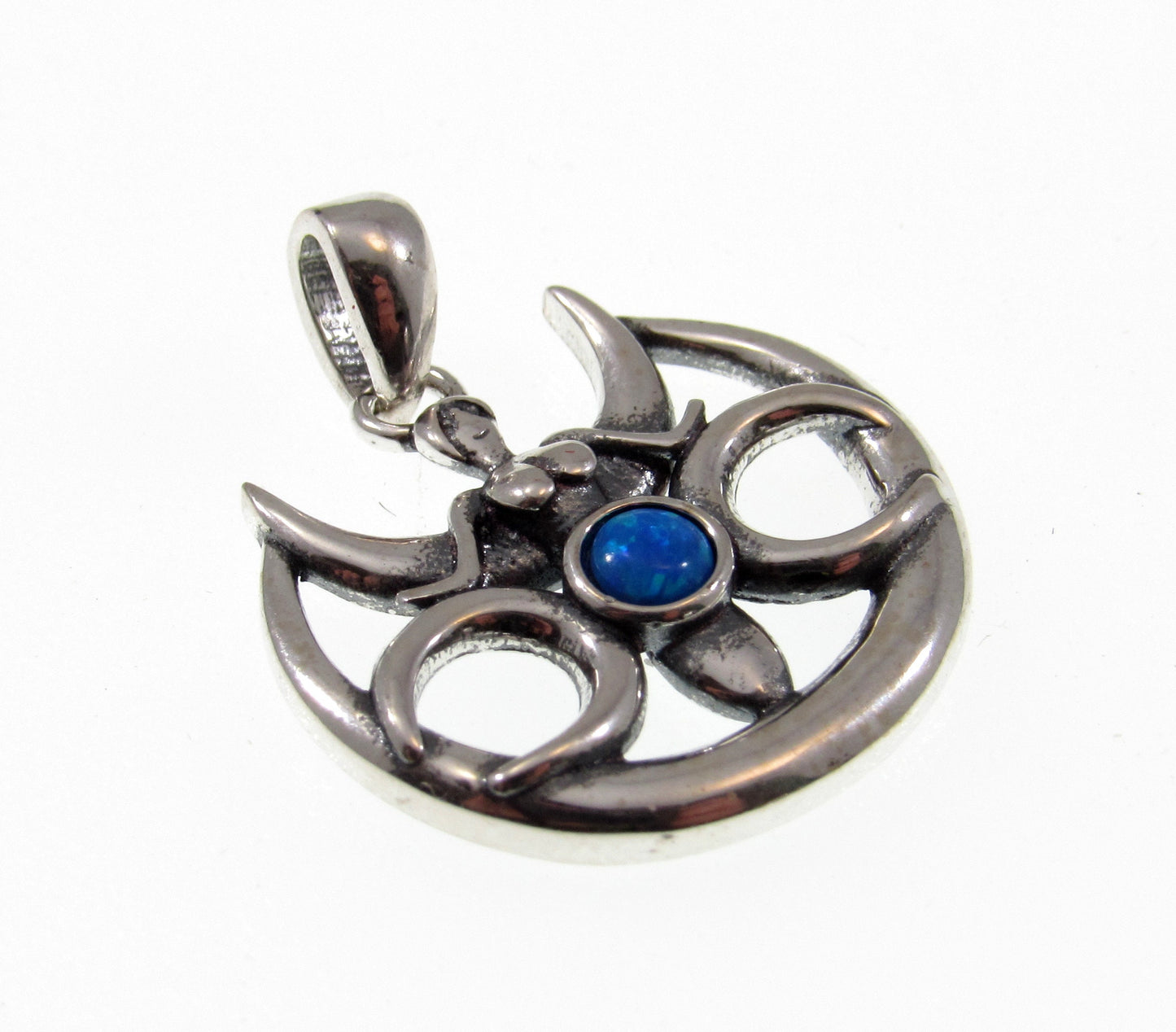 Solid 925 Sterling Silver & Lab-Created Blue Opal Winged Triple Moon Goddess Pendant, Handcrafted Magical Celestial Charm