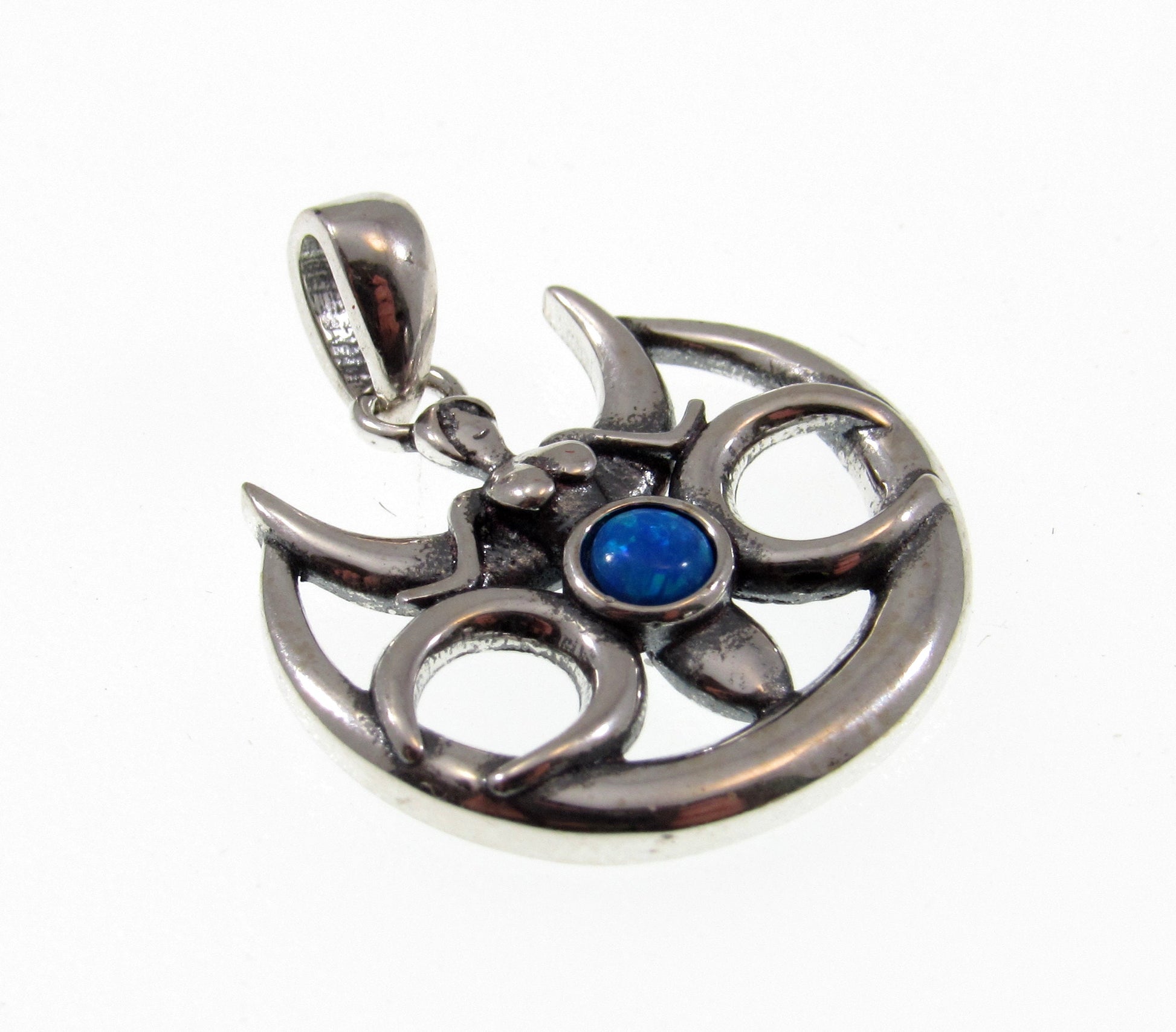 Solid 925 Sterling Silver & Lab-Created Blue Opal Winged Triple Moon Goddess Pendant, Handcrafted Magical Celestial Charm