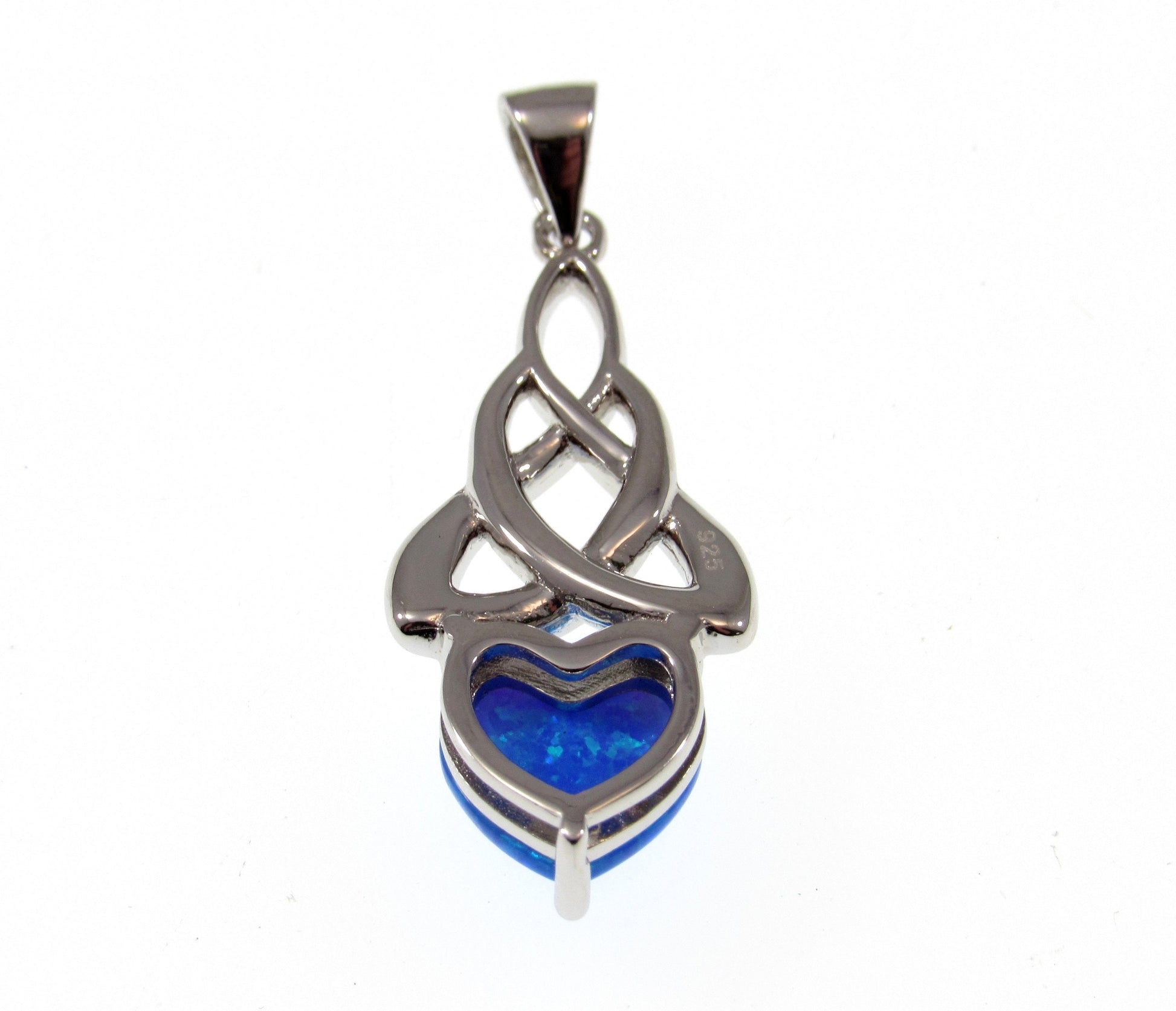 Solid 925 Sterling Silver & Lab-Created Blue Opal Celtic Infinity Knot and Heart Pendant, Handcrafted Gaelic Eternal Love Jewelry