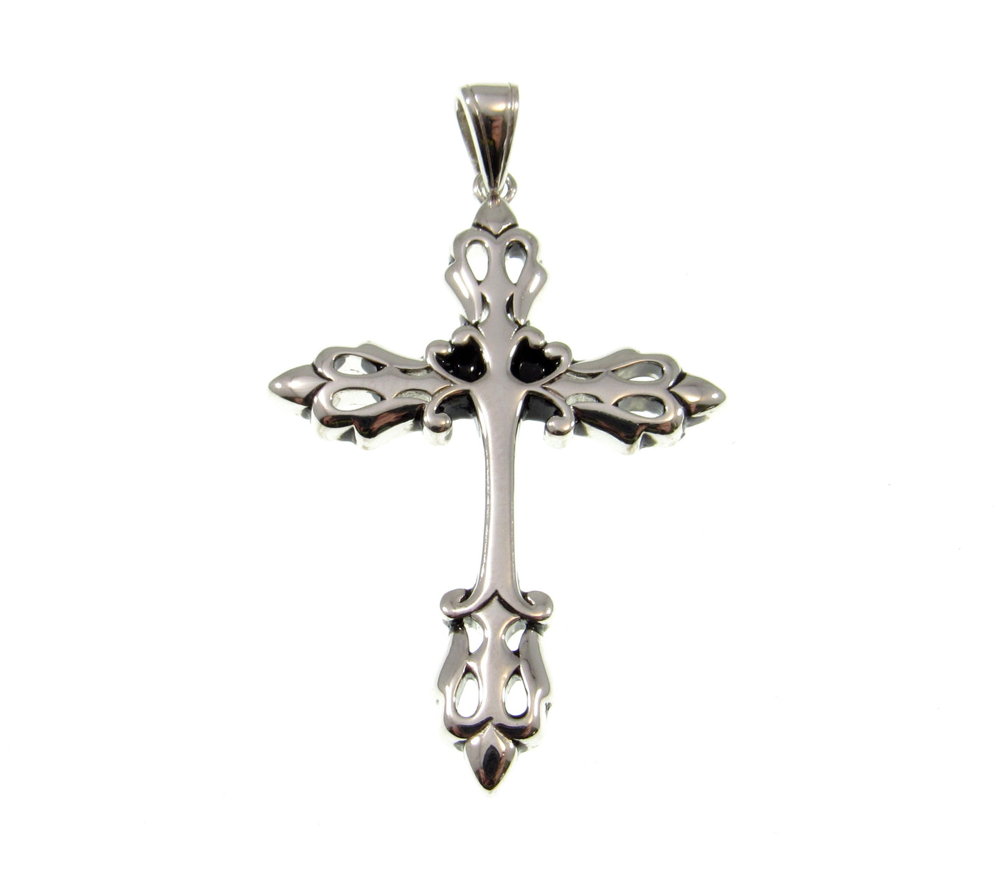 Solid 925 Sterling Silver Gothic Fleur-de-Lis Cross Pendant, Vintage Style Christian Necklace Charm, Ornate Medieval Style Jewelry