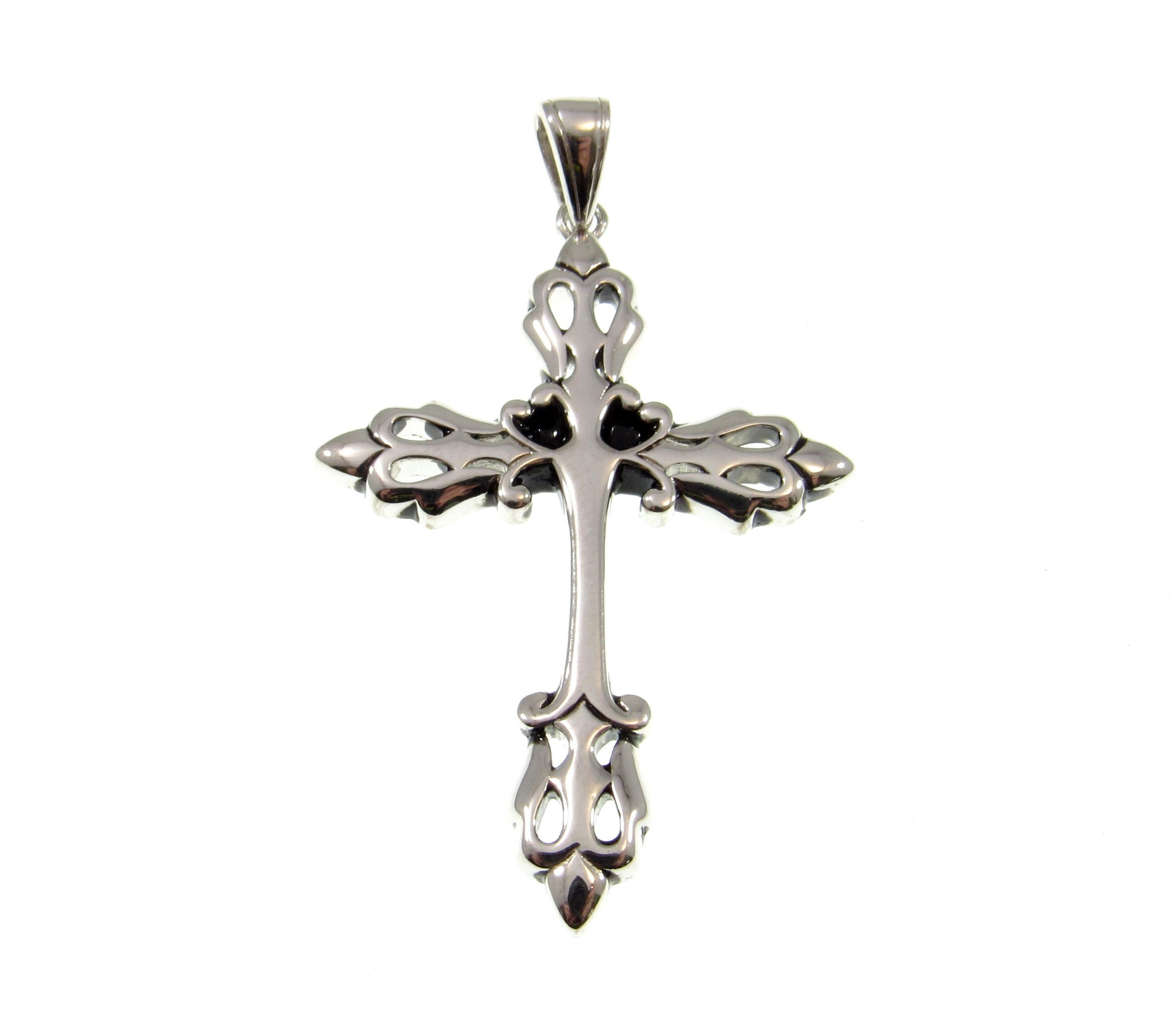 Solid 925 Sterling Silver Gothic Fleur-de-Lis Cross Pendant, Vintage Style Christian Necklace Charm, Ornate Medieval Style Jewelry