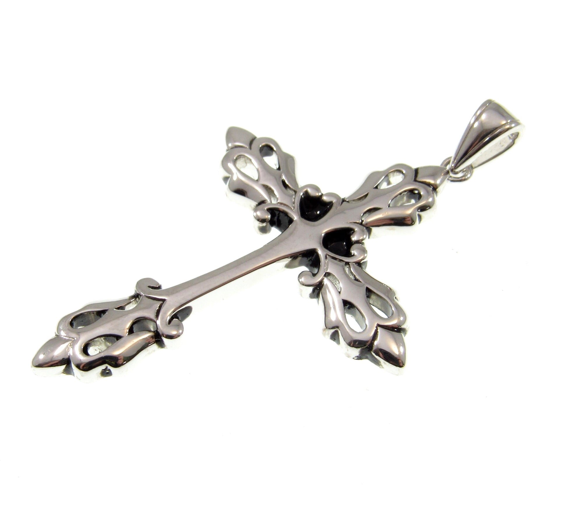 Solid 925 Sterling Silver Gothic Fleur-de-Lis Cross Pendant, Vintage Style Christian Necklace Charm, Ornate Medieval Style Jewelry
