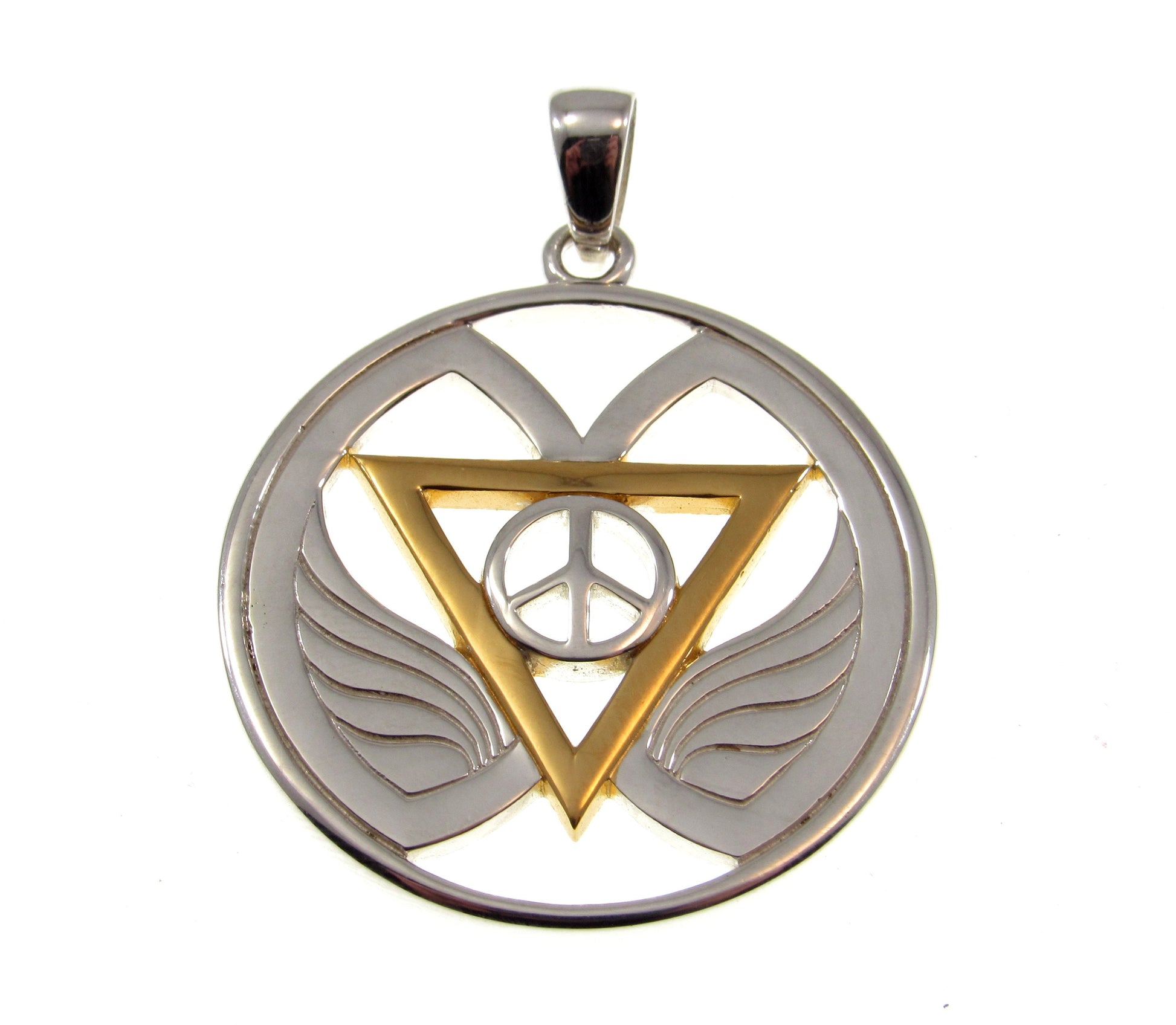 Solid 925 Sterling Silver & 18k Gold Goddess Wings Peace of Feminine Power Pendant, Handcrafted Inverted Triangle and Peace Sign Amulet