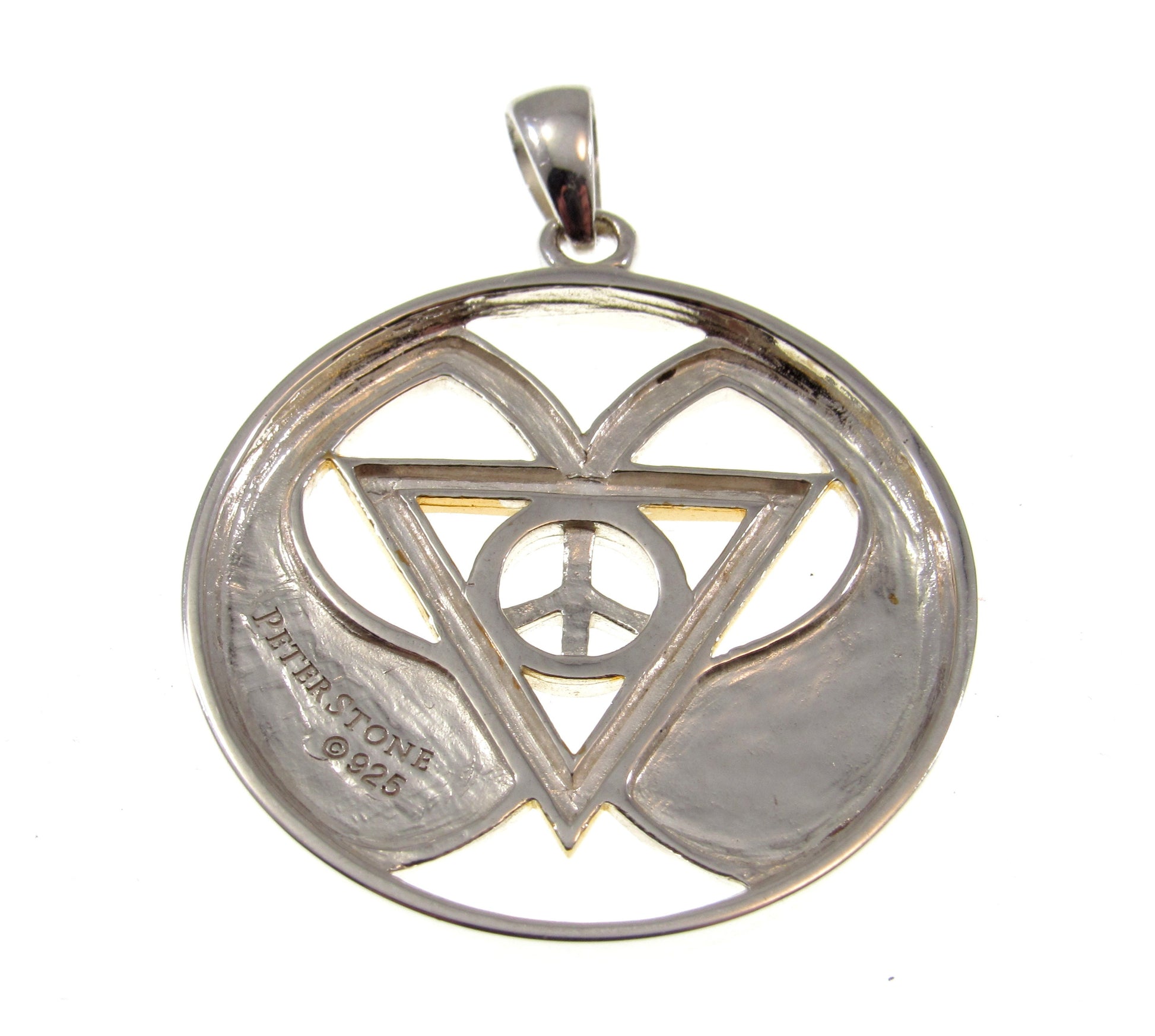 Solid 925 Sterling Silver & 18k Gold Goddess Wings Peace of Feminine Power Pendant, Handcrafted Inverted Triangle and Peace Sign Amulet