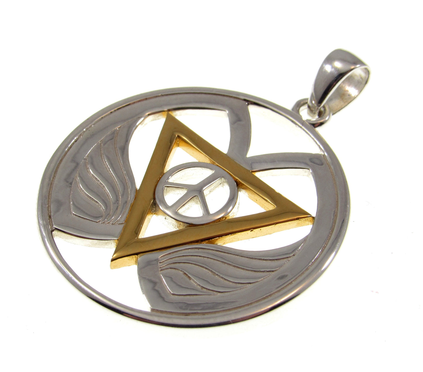 Solid 925 Sterling Silver & 18k Gold Goddess Wings Peace of Feminine Power Pendant, Handcrafted Inverted Triangle and Peace Sign Amulet