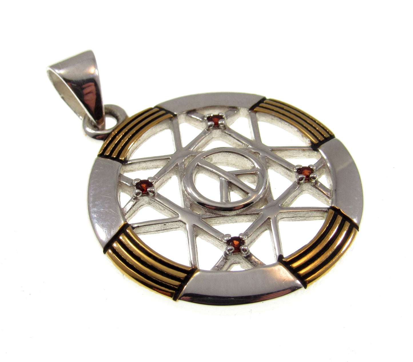 Solid 925 Sterling Silver & 14k Gold Vermeil Geometric Peace Centralization Pendant, Handcrafted Garnet Magic Amulet Jewelry