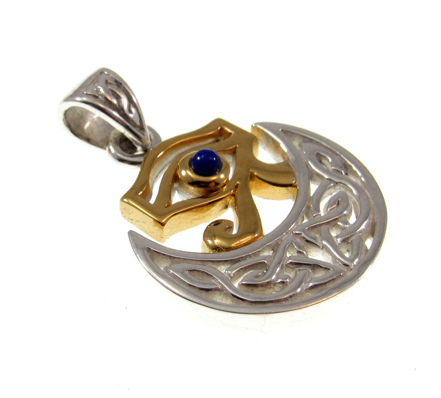 Solid 925 Sterling Silver & 18k Gold Celtic Scota Goddess Eye of Horus Pendant, Handcrafted Scotia Mother of Scotland Jewelry with Lapis