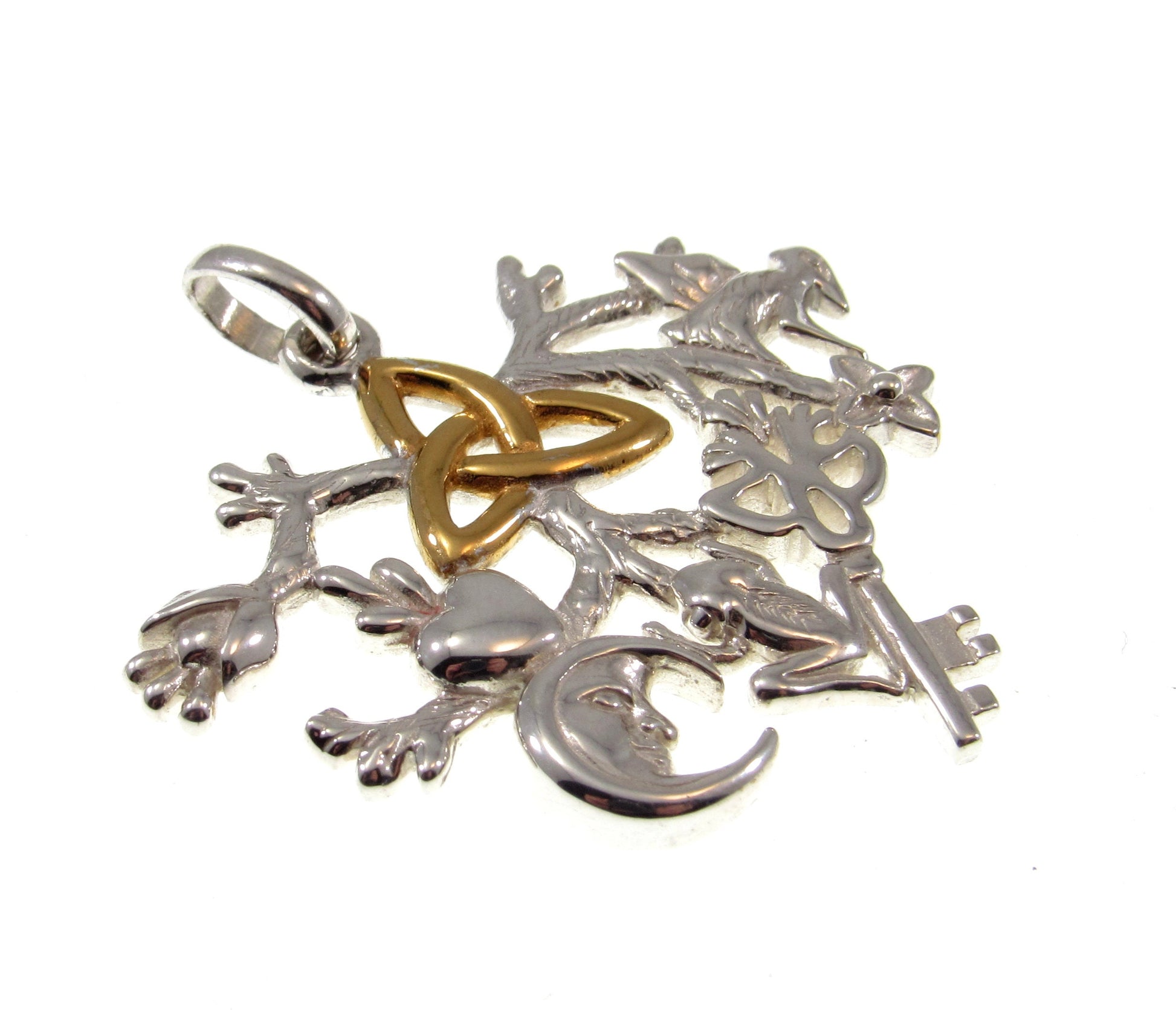 Solid 925 Sterling Silver & 14k Gold Cimaruta Witch Pendant, Celtic Trinity Symbol, Italian Talisman Jewelry, Evil Eye Protection Amulet