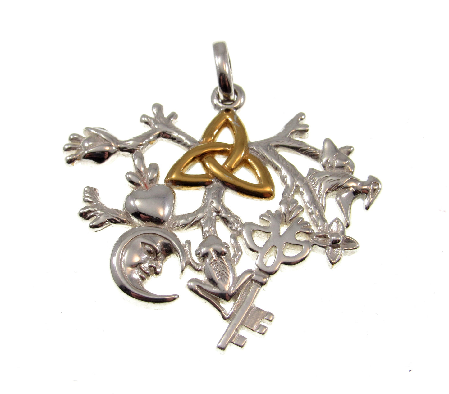 Solid 925 Sterling Silver & 14k Gold Cimaruta Witch Pendant, Celtic Trinity Symbol, Italian Talisman Jewelry, Evil Eye Protection Amulet