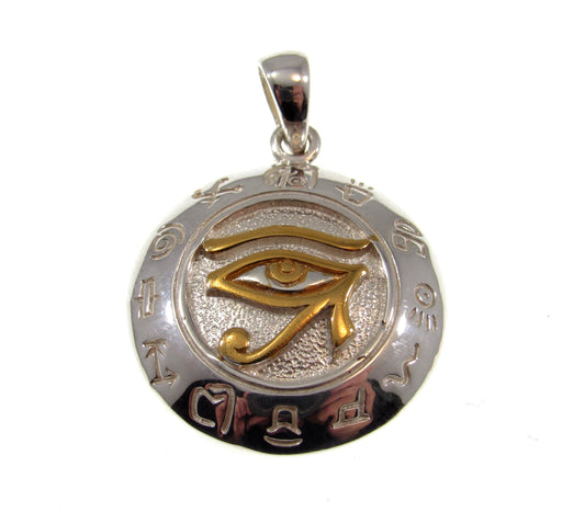 Solid 925 Sterling Silver & Gold Vermeil Egyptian Eye of Horus Pendant with Zodiac Symbols, Eye of Ra Amulet, Protection Jewelry