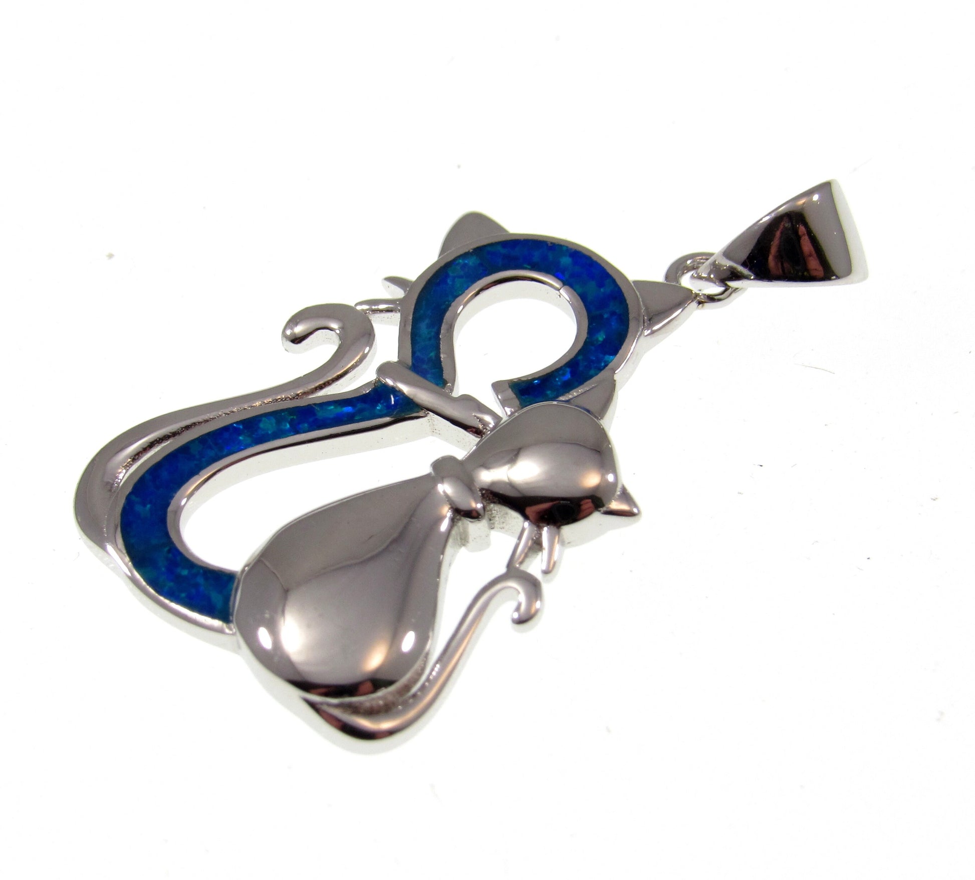 Solid 925 Sterling Silver & Lab-Created Blue or White Fire Opal Twin Cats Pendant, Handcrafted Feline Jewelry - Cat Lovers Necklace Charm