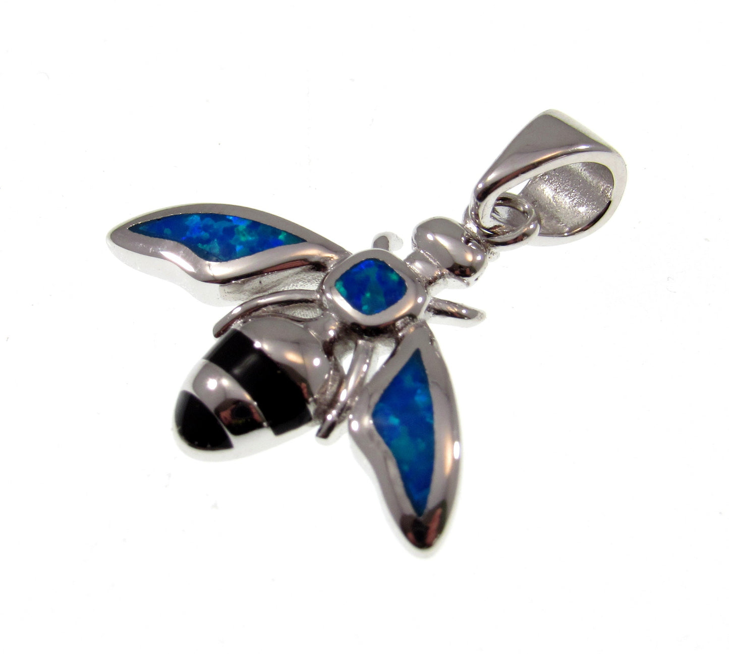 Solid 925 Sterling Silver & Lab-Created Blue Opal Bumble Bee Pendant, Handcrafted Bumblebee Jewelry