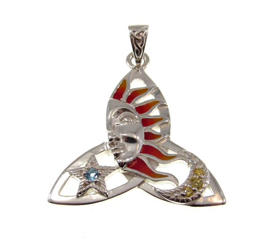 Solid 925 Sterling Silver & Red Enamel Celtic Trinity Knot Pendant, Handcrafted Celestial Sun, Moon, and Star Amulet with Blue Topaz