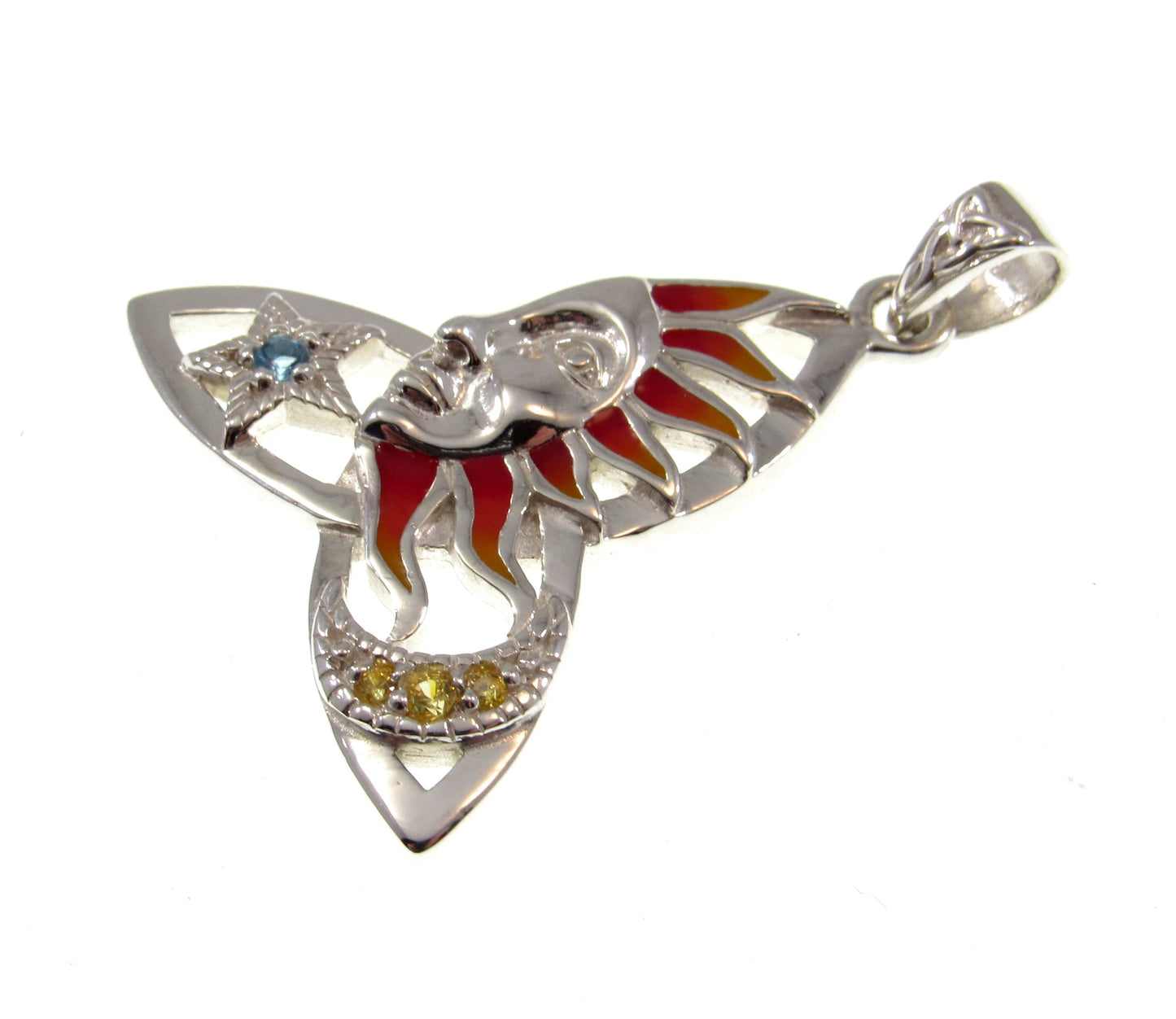 Solid 925 Sterling Silver & Red Enamel Celtic Trinity Knot Pendant, Handcrafted Celestial Sun, Moon, and Star Amulet with Blue Topaz