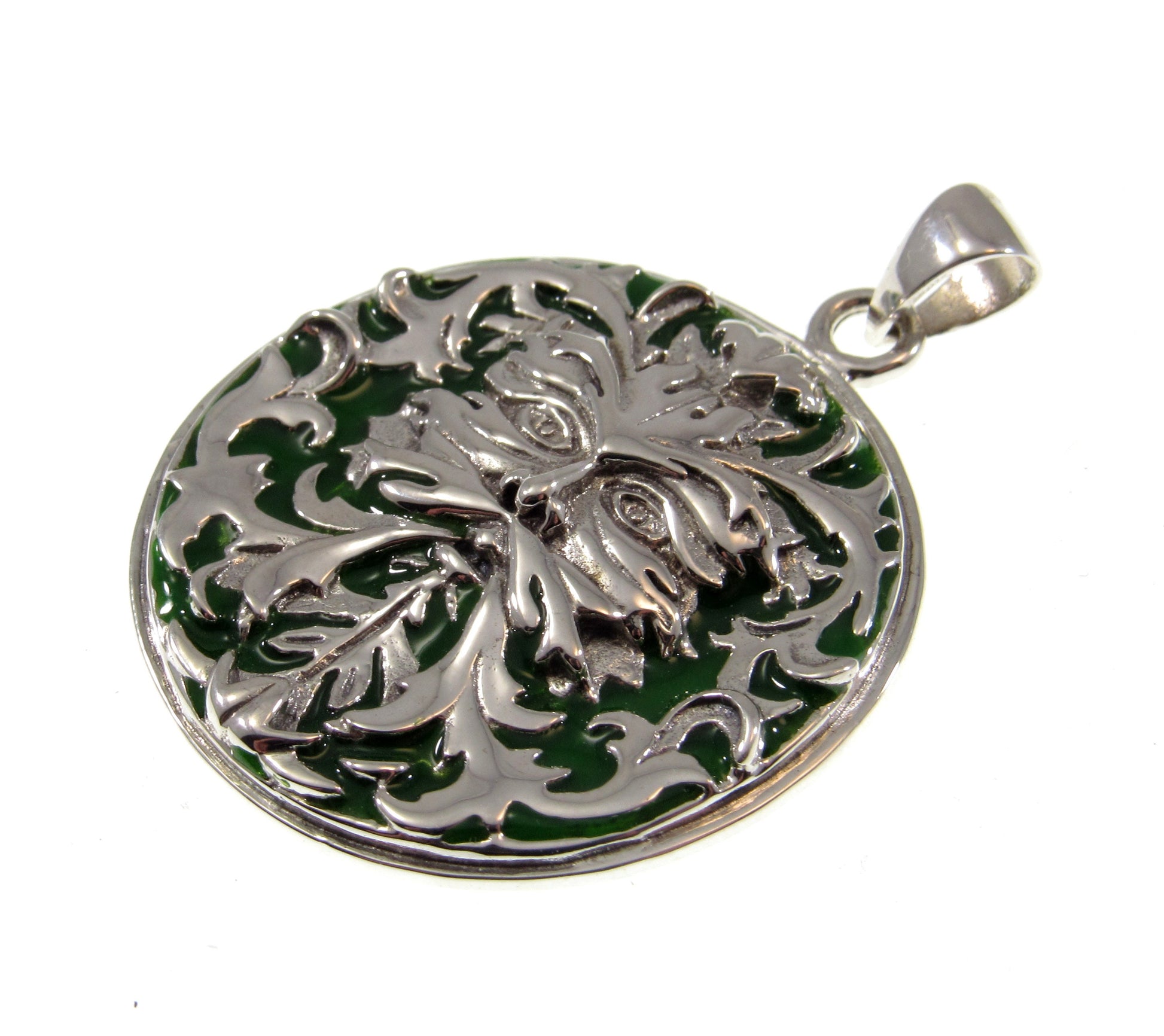 Solid 925 Sterling Silver Celtic Enameled Green Man Pendant, Handcrafted Jewelry Designed by Wizard Oberon Zell