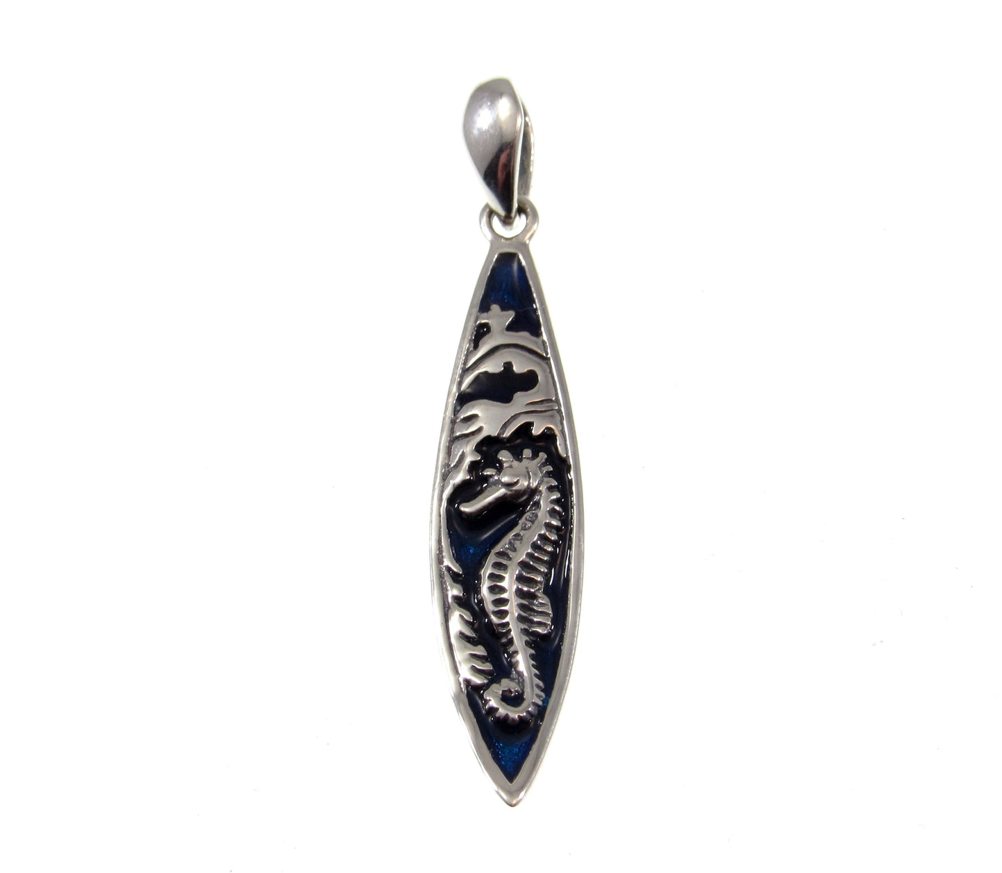 Solid 925 Sterling Silver Blue Enameled Seahorse on Surfboard Pendant, Handcrafted Mystical Sea Horse Jewelry, Summer Beach Charm