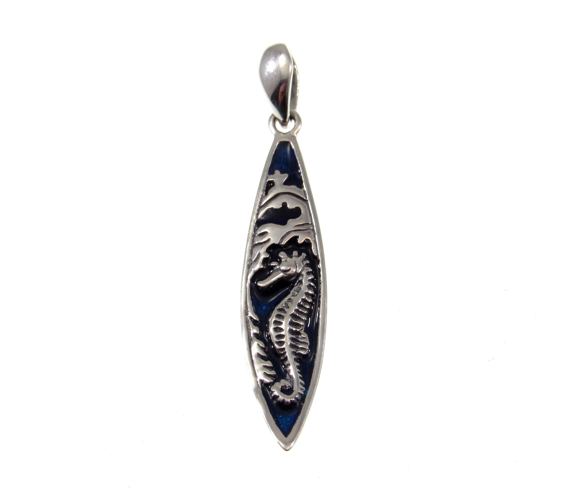 Solid 925 Sterling Silver Blue Enameled Seahorse on Surfboard Pendant, Handcrafted Mystical Sea Horse Jewelry, Summer Beach Charm