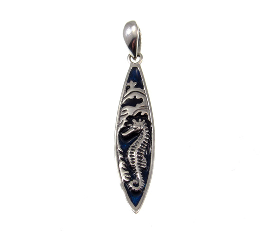 Solid 925 Sterling Silver Blue Enameled Seahorse on Surfboard Pendant, Handcrafted Mystical Sea Horse Jewelry, Summer Beach Charm