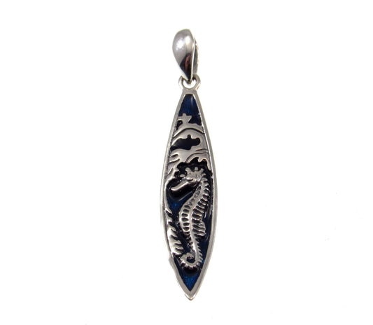 Solid 925 Sterling Silver Blue Enameled Seahorse on Surfboard Pendant, Handcrafted Mystical Sea Horse Jewelry, Summer Beach Charm