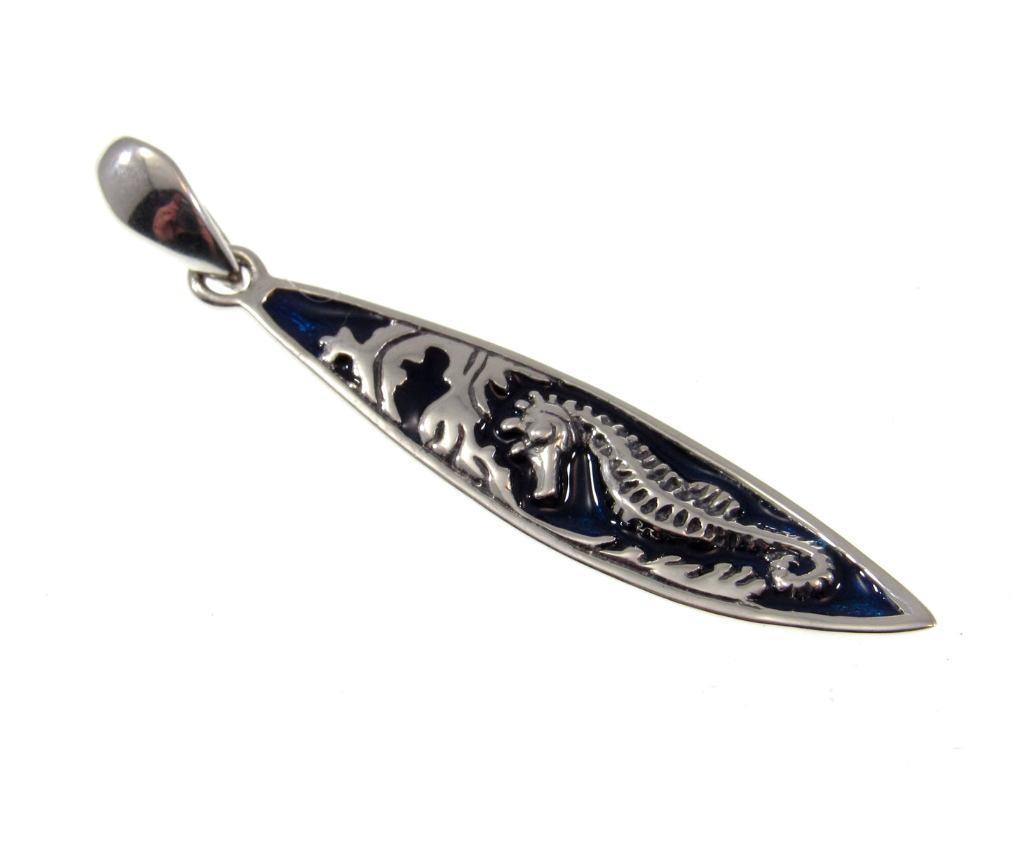 Solid 925 Sterling Silver Blue Enameled Seahorse on Surfboard Pendant, Handcrafted Mystical Sea Horse Jewelry, Summer Beach Charm