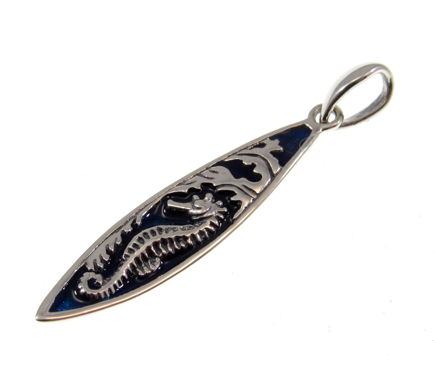 Solid 925 Sterling Silver Blue Enameled Seahorse on Surfboard Pendant, Handcrafted Mystical Sea Horse Jewelry, Summer Beach Charm