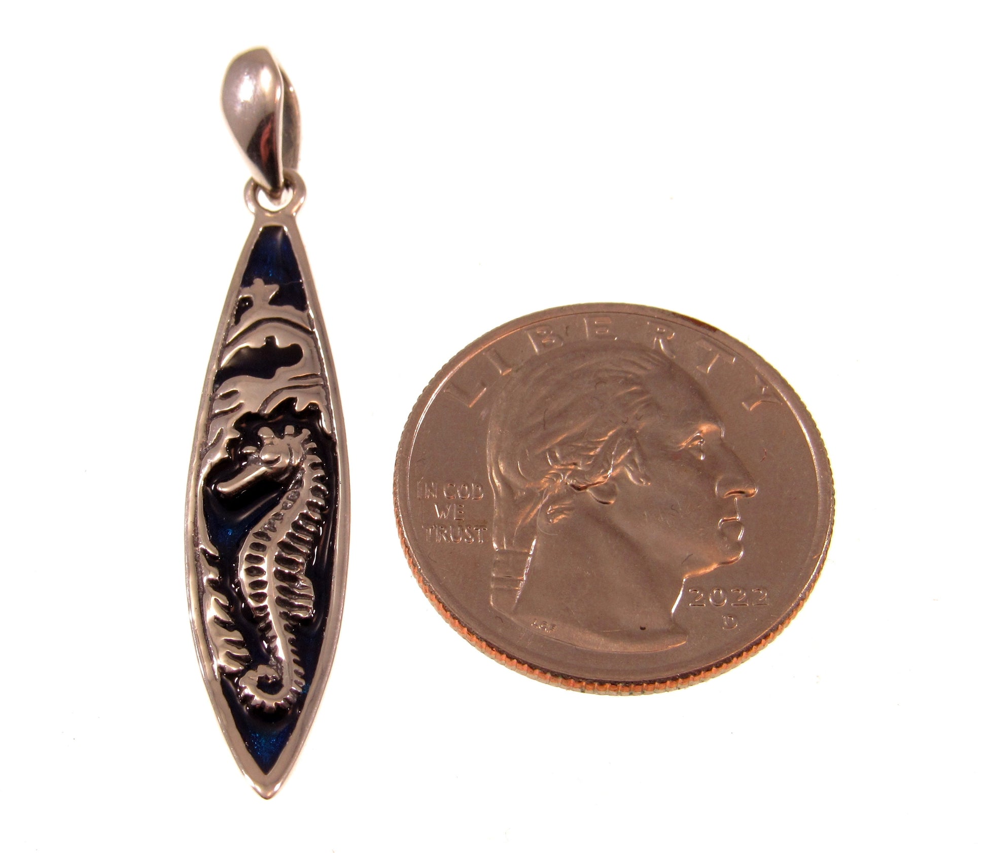 Solid 925 Sterling Silver Blue Enameled Seahorse on Surfboard Pendant, Handcrafted Mystical Sea Horse Jewelry, Summer Beach Charm