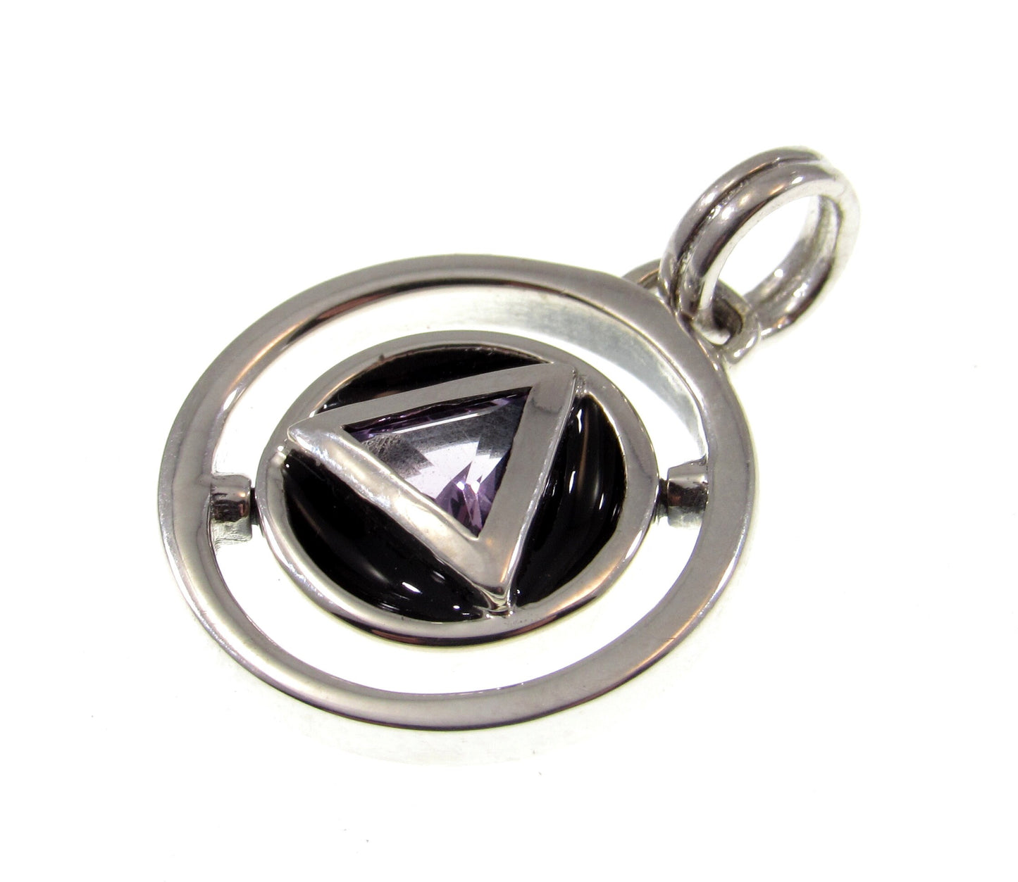 Solid 925 Sterling Silver Double Circle A Road to Recovery Pendant with Faceted Trillion Cut Purple Amethyst Gemstone