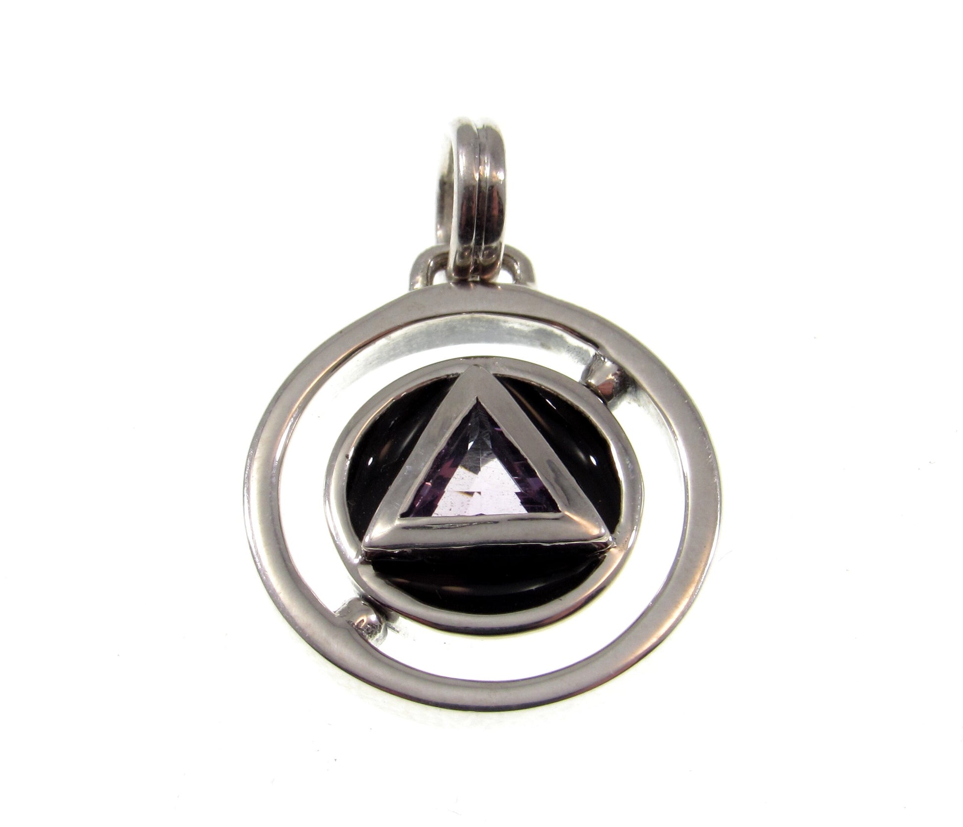 Solid 925 Sterling Silver Double Circle A Road to Recovery Pendant with Faceted Trillion Cut Purple Amethyst Gemstone