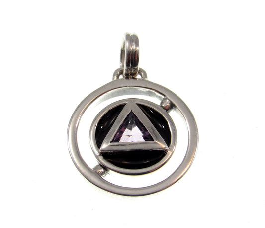 Solid 925 Sterling Silver Double Circle A Road to Recovery Pendant with Faceted Trillion Cut Purple Amethyst Gemstone