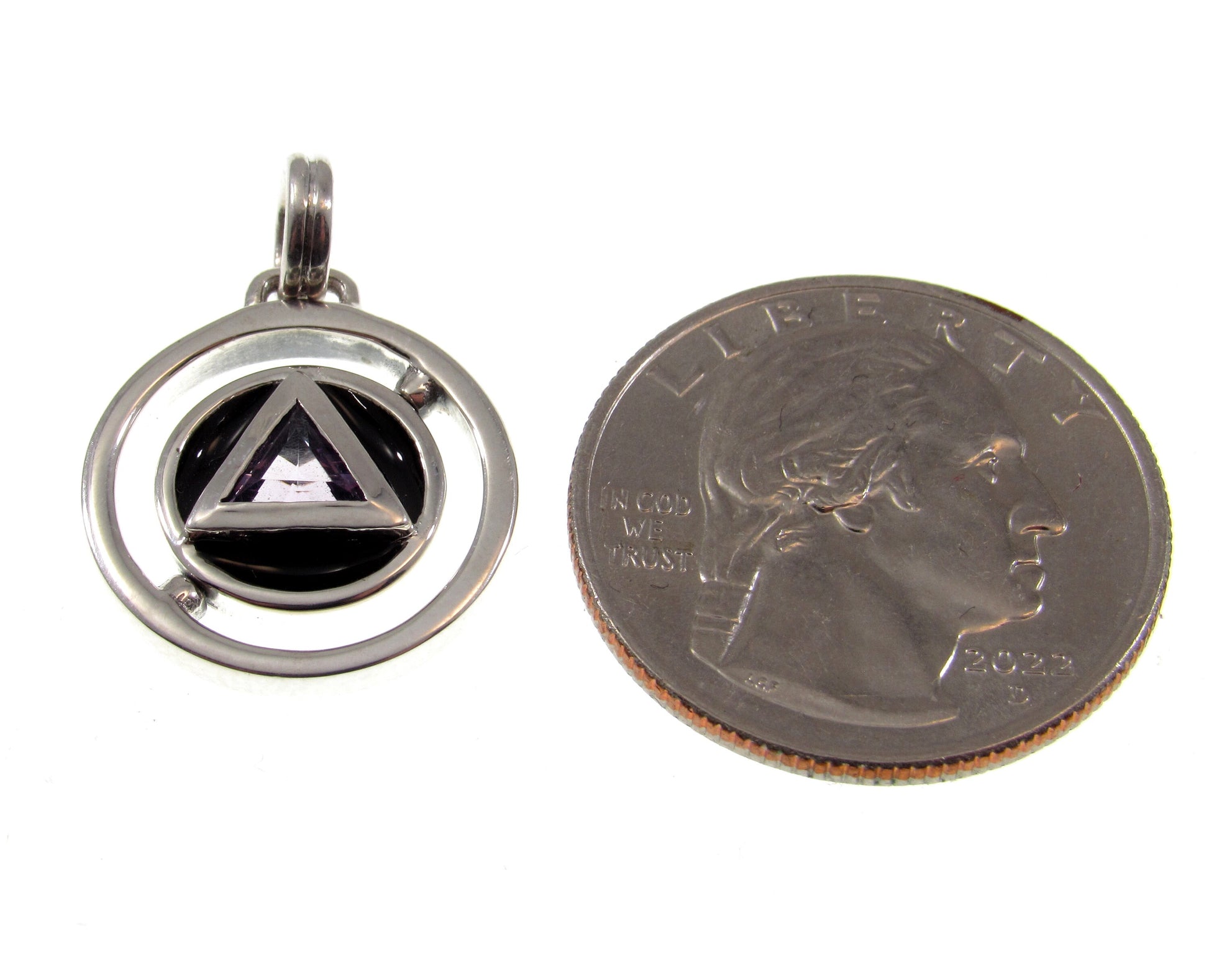 Solid 925 Sterling Silver Double Circle A Road to Recovery Pendant with Faceted Trillion Cut Purple Amethyst Gemstone