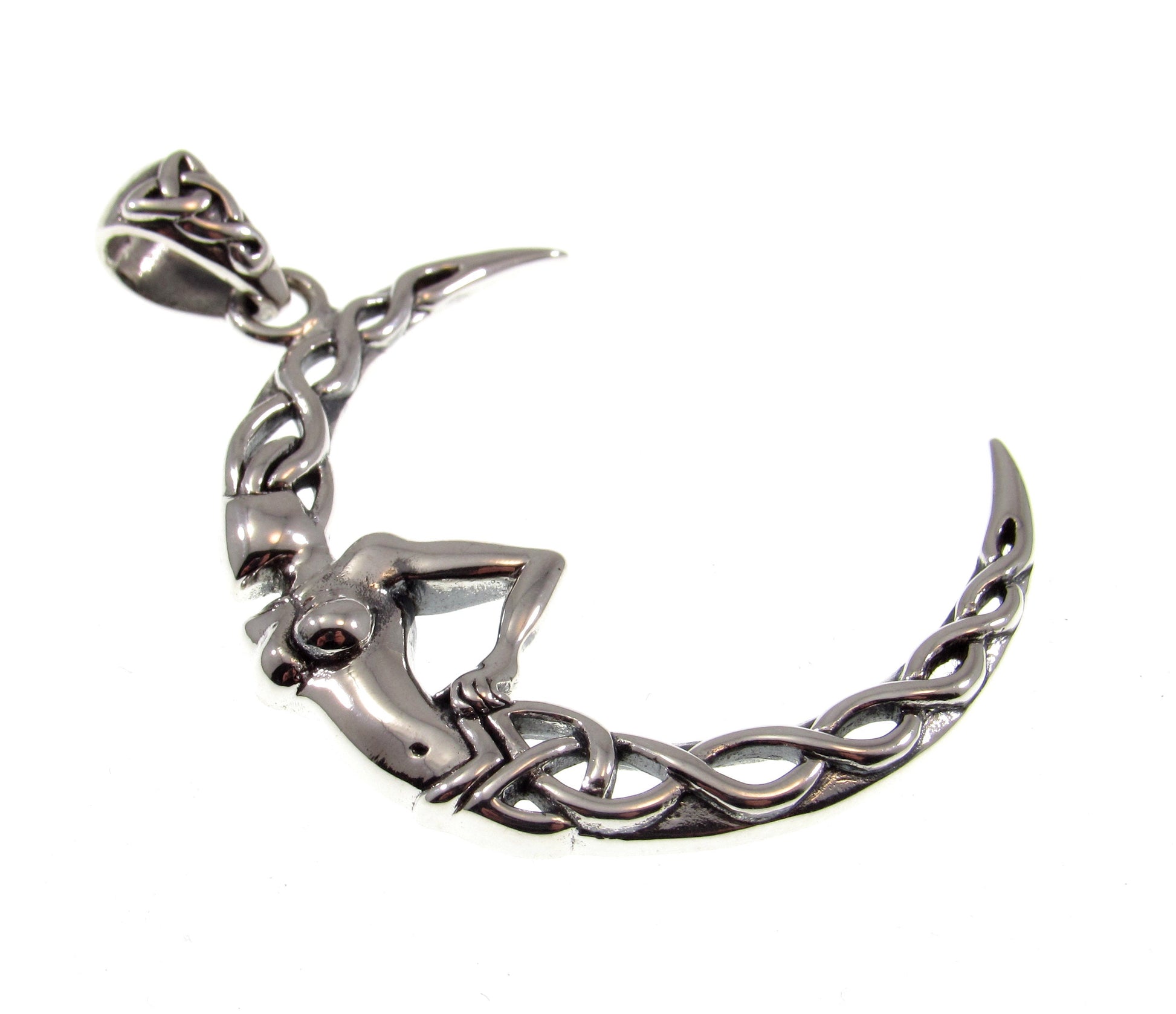 Solid 925 Sterling Silver Celtic Knot Moon Goddess Pendant, Handcrafted Pagan Wicca Celestial Amulet