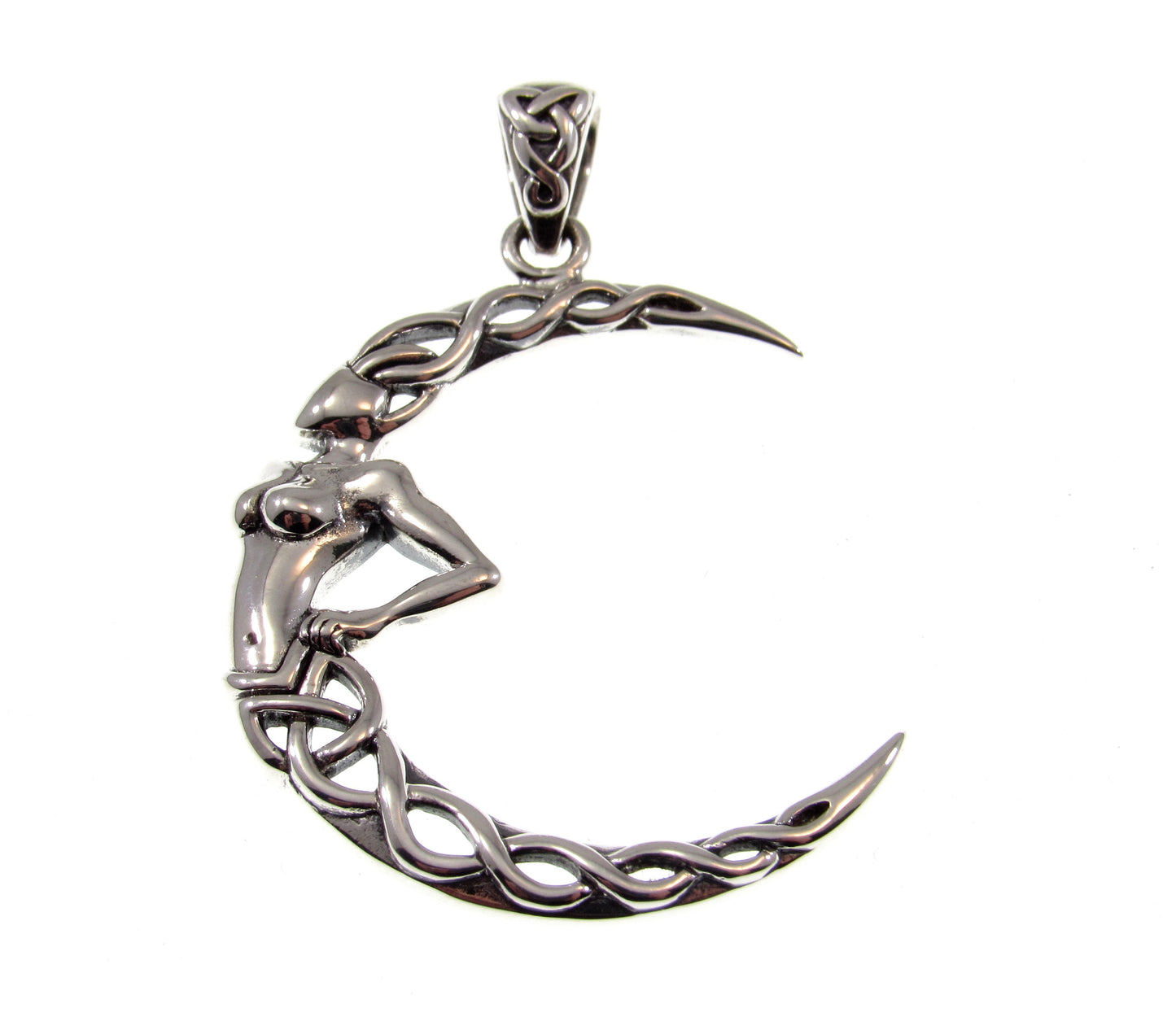 Solid 925 Sterling Silver Celtic Knot Moon Goddess Pendant, Handcrafted Pagan Wicca Celestial Amulet