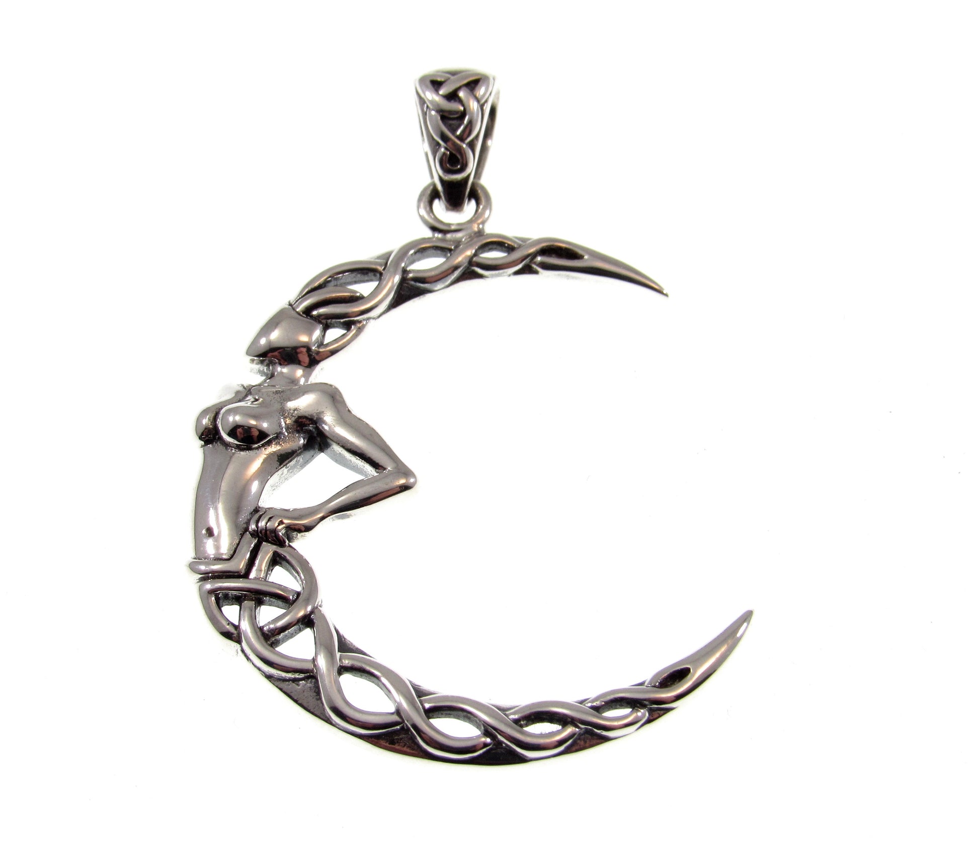 Solid 925 Sterling Silver Celtic Moon Goddess Pendant, Pagan Crescent Moon Amulet, Celestial Jewelry