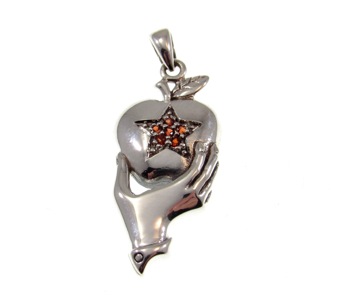 Solid 925 Sterling Silver Hand Holding Apple with Garnet and Marcasite Pentagram Pendant, Handcrafted Adam & Eve Forbidden Fruit Jewelry