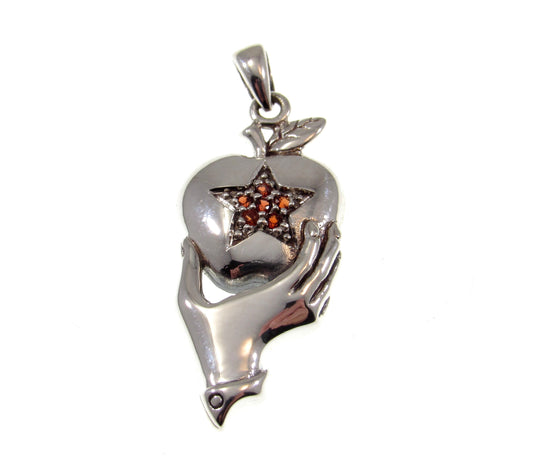 Solid 925 Sterling Silver Hand Holding Apple with Garnet and Marcasite Pentagram Pendant, Handcrafted Adam & Eve Forbidden Fruit Jewelry